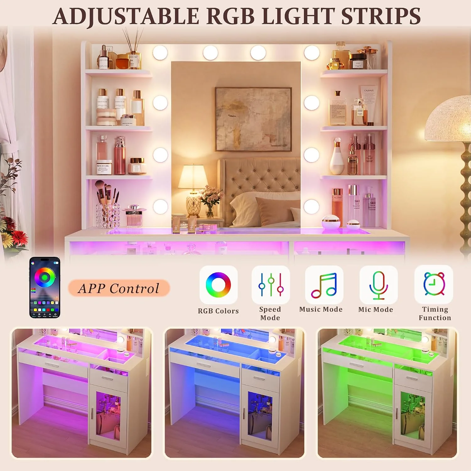 Fixwal Vanity Desk with Mirror and Lights, Makeup Vanity Table with RGB Drawers, 3-Color LED Lighting, Tempered Glass Top, 6 Shelves, Power Outlet, 35.4"W x 15.7"L x 55.1"H - Image 7 Fixwal Vanity Desk with Mirror and Lights, Makeup Vanity Table with RGB Drawers, 3-Color LED Lighting, Tempered Glass Top, 6 Shelves, Power Outlet, 35.4"W x 15.7"L x 55.1"H - Image 7
