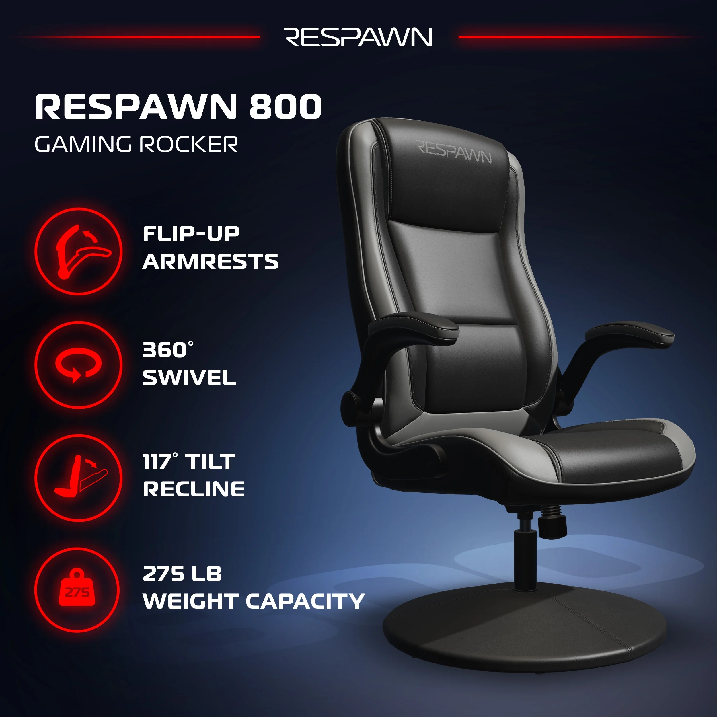 RESPAWN 800 Swivel Rocker Gaming Chair - Ergonomic Floor Gaming Seat with Lumbar Support, Flip Up Armrest, High Back, Pedestal Base, Comfortable No Wheels Console Video Game Rocker Chair - Red - Image 69