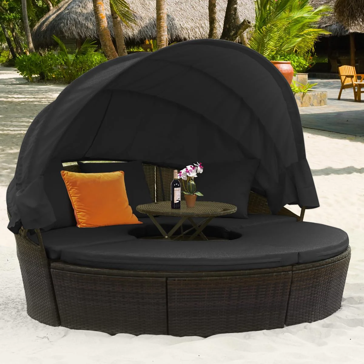 Outdoor daybed, rattan round daybed with sunshade canopy, patio set with cushions and adjustable coffee table, rattan patio furniture, suitable for backyard terraces, porches, and poolside (green color) - Image 3