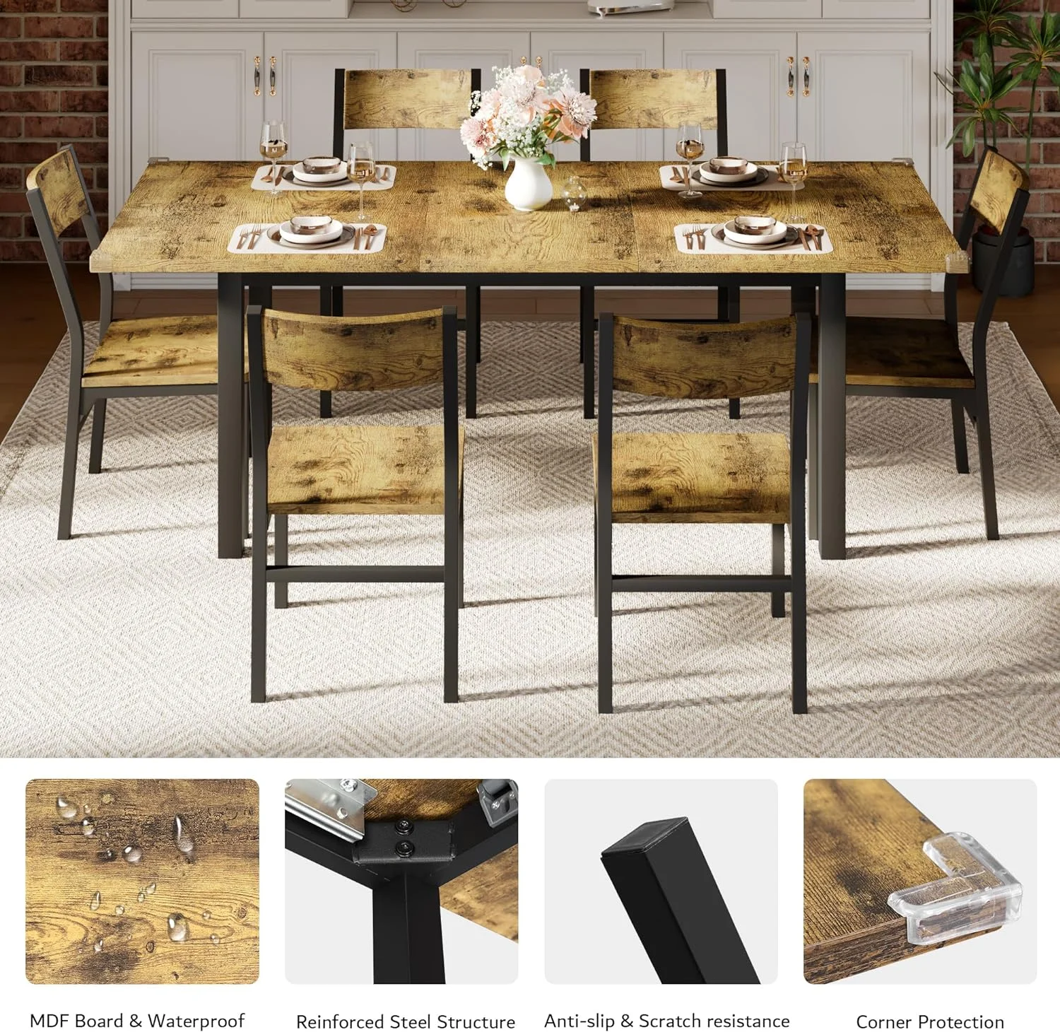iPormis 63" Extendable Dining Table for 4-8, Square Wooden Dining Room Table with Metal Base, Modern Extendable Table for Small Kitchens, Dining Office Areas, Black - Image 14