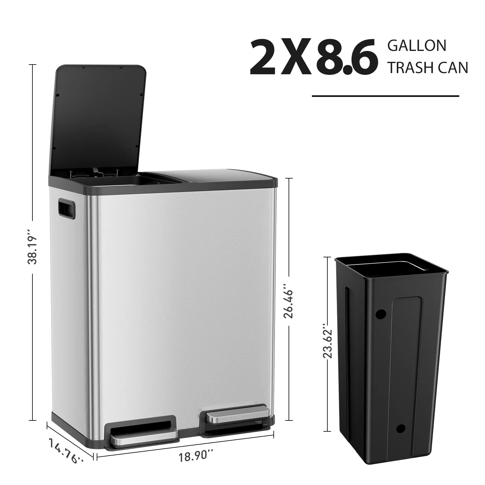 GIANNA Kitchen Trash Can with Soft-Close Foot Pedal, 60 Liter Large Stainless Waste Bin, For Home Kitchen Office, Silver - Image 2