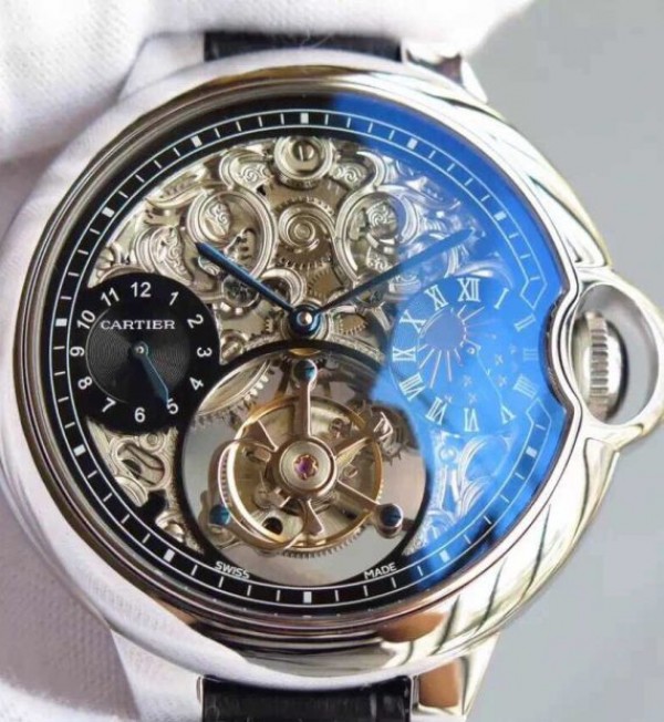 Replica Cartier Ballon Bleu Skeleton Tourbillon Black Dial Black Leather Strap - Top club