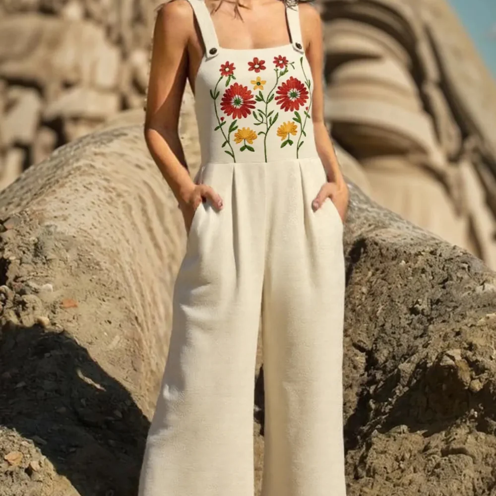 Floral Embroidered Wide Leg Jumpsuit - ZKZOOK