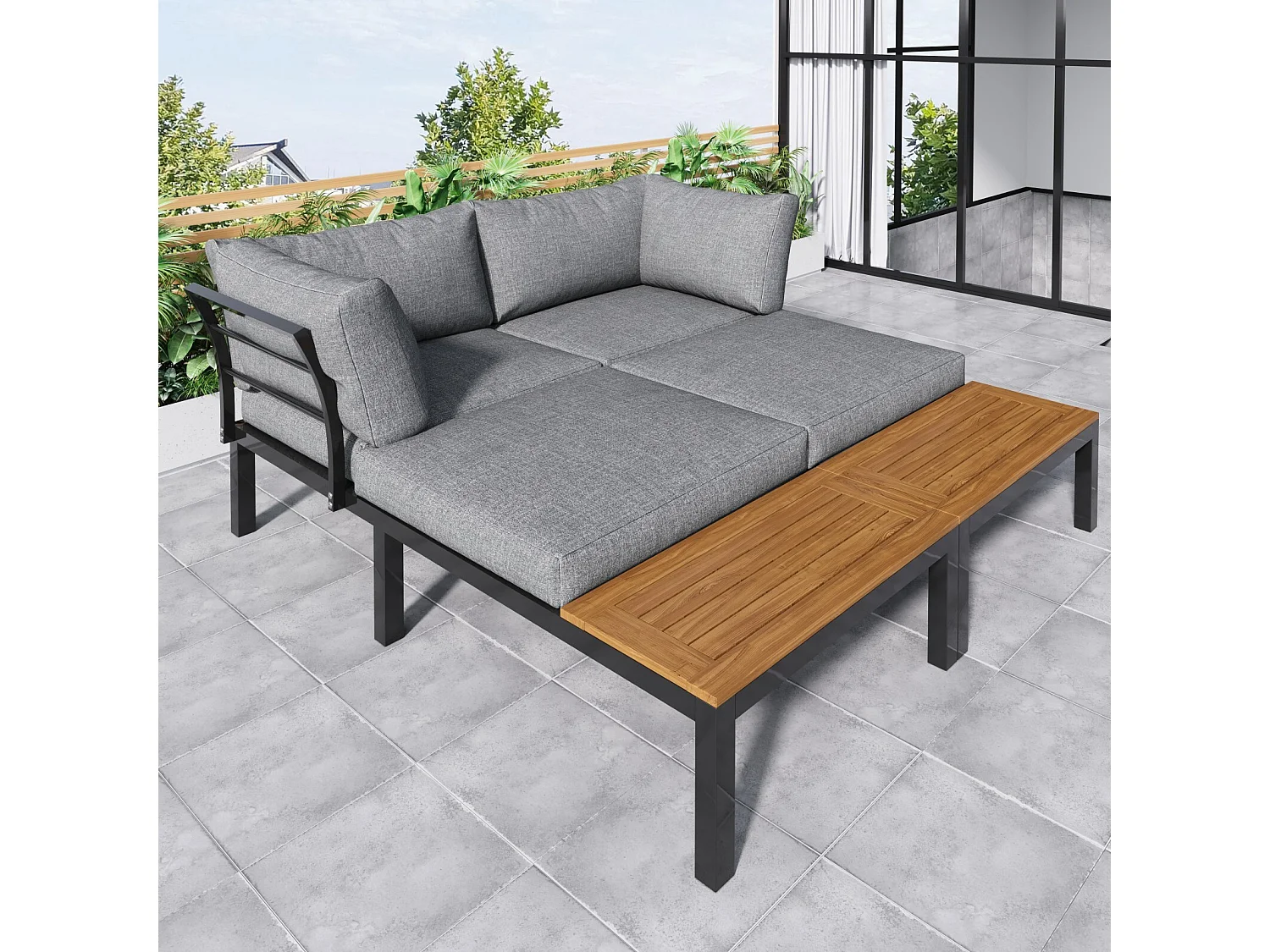 Salon de jardin en acier galvanisé, table basse et canapé modulable, pieds réglables, coussins gris