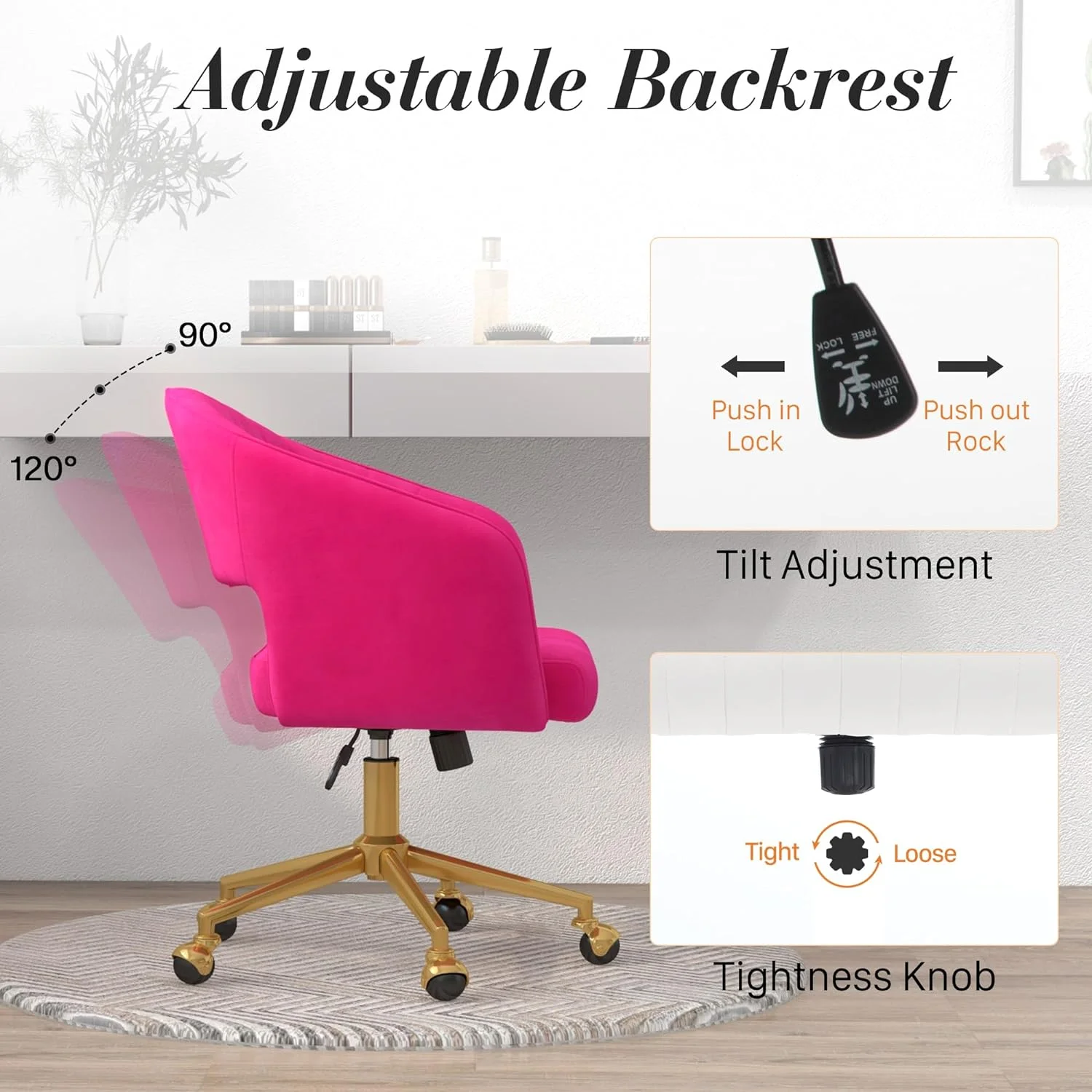Home Office Swivel Desk Chair, Modern Velvet Vanity Chair, Height Adjustable Armchair with Gold Base, Ergonomic Office Chair for Task Study Computer Room, Beige - Image 27