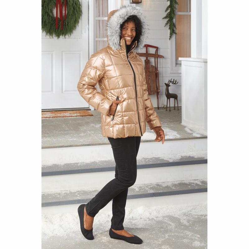 Mia Shiny Puffer Jacket with Faux-Fur Hood - MIDNIGHT VELVET CATALOG