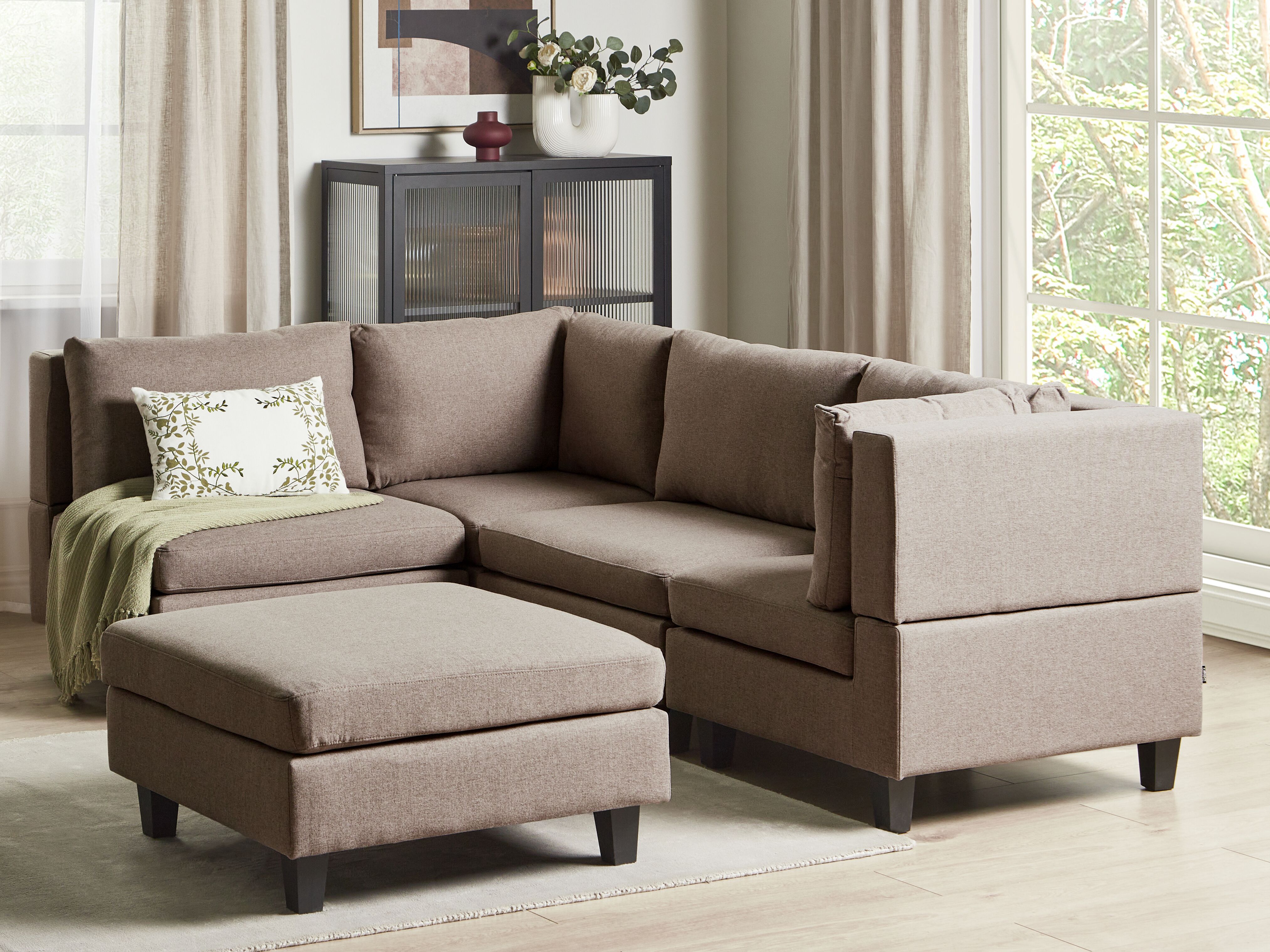 Modular Corner Sofa 4 Seater UNSTAD Fabric Brown with Ottoman Right Hand