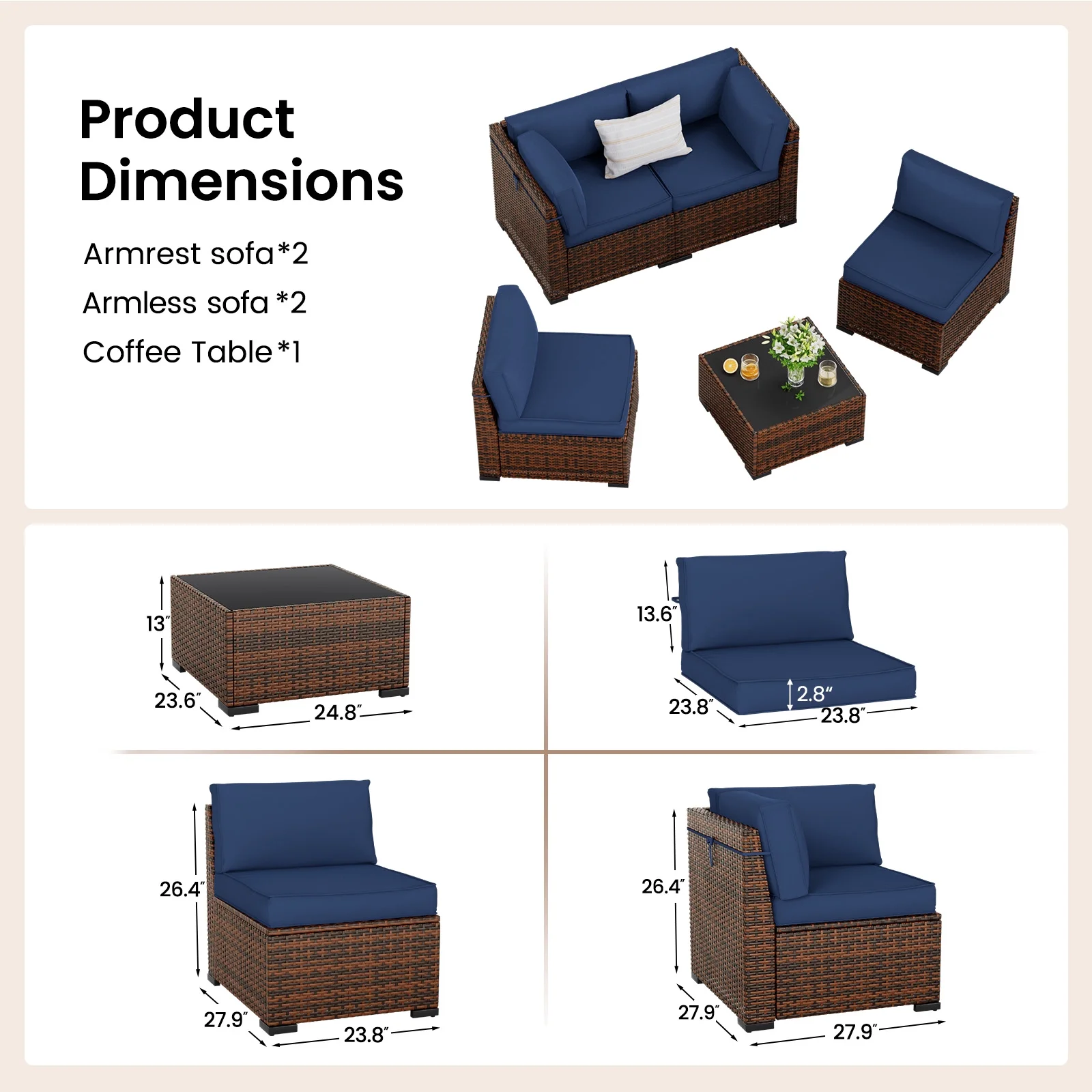 ELPOSUN 7 Pieces Patio Furniture Set, Outdoor Furniture Sectional Rattan Sofa for Backyard Garden Dark Grey - Image 14