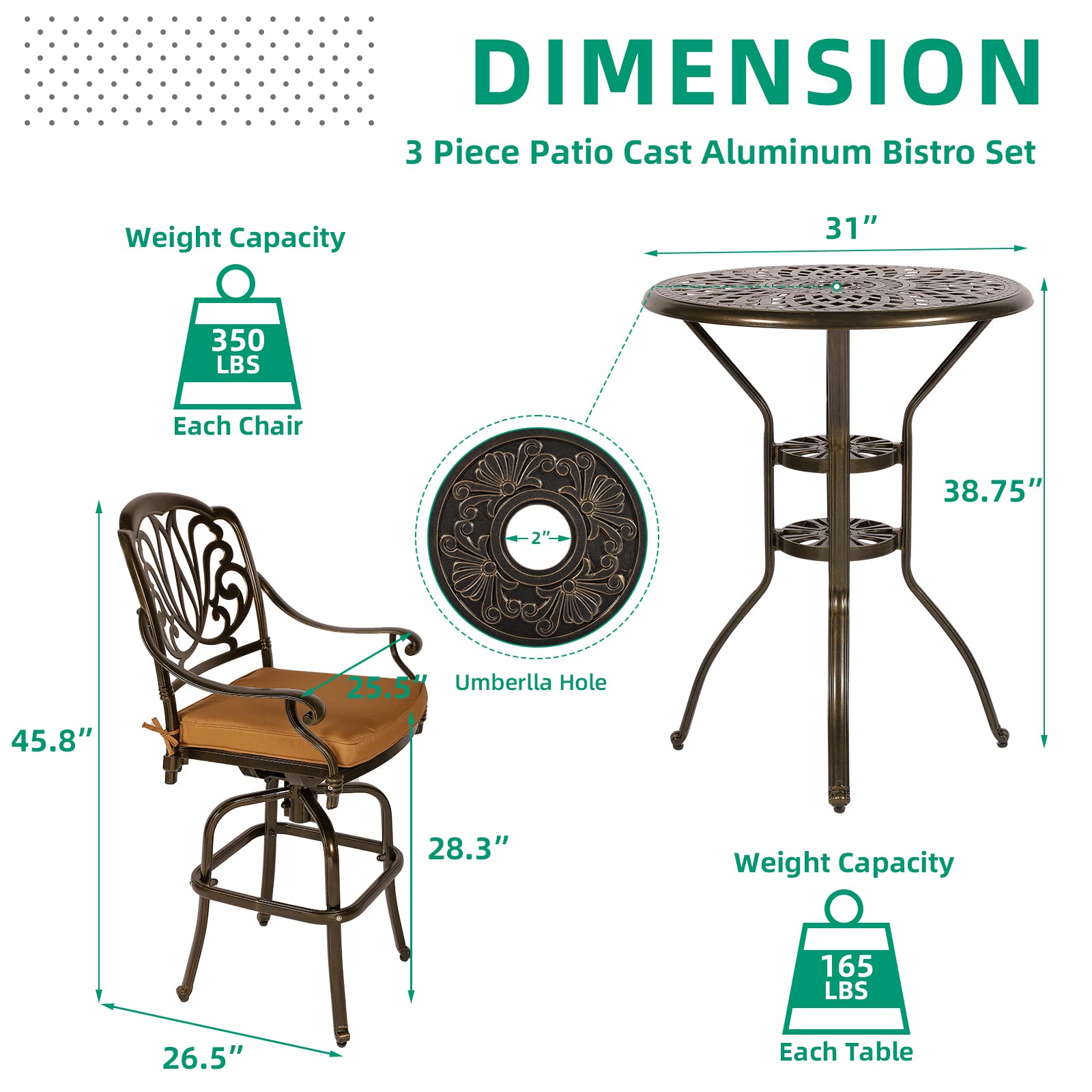 VIVIJASON 30.8" Round Cast Aluminum Patio Bar Table with Umbrella Hole, Antique Bronze - Image 12
