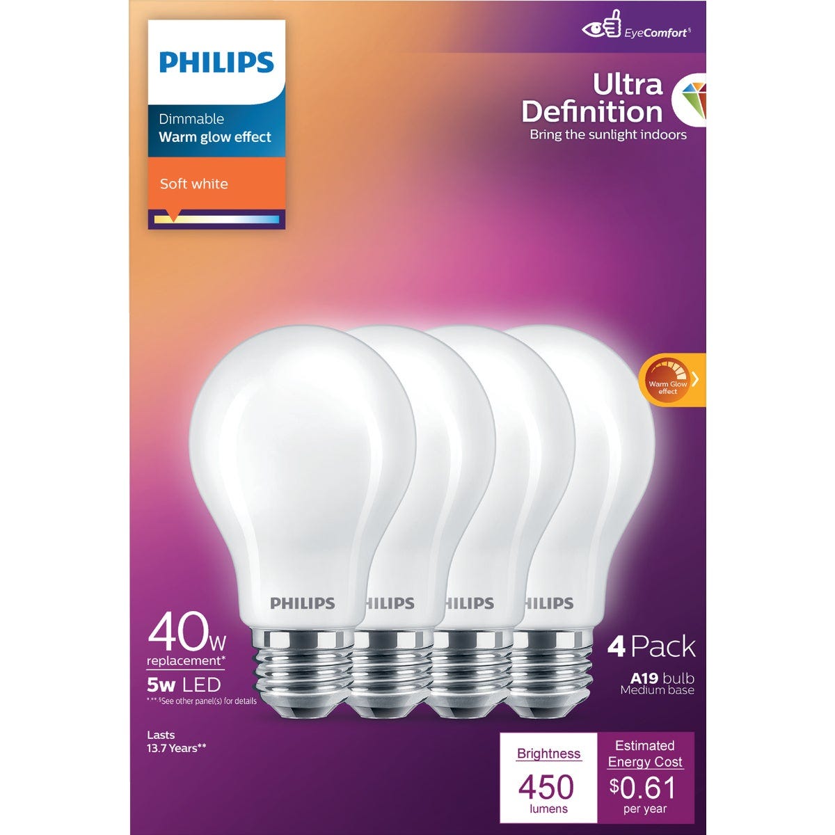 Philips Ultra Definition 40W Equivalent Soft White A19 Medium LED Light Bulb, Frosted (4-Pack)