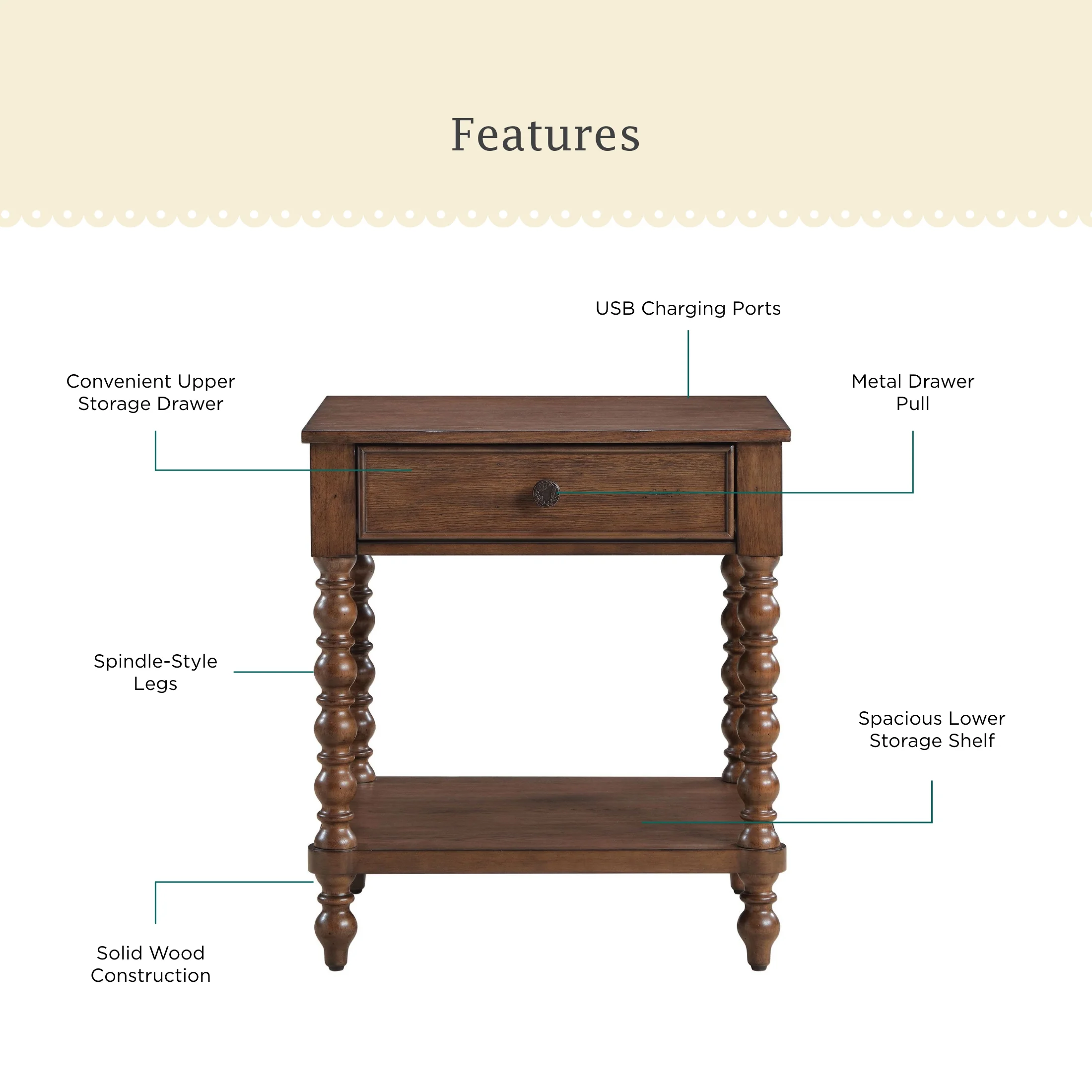 Pioneer Woman Harper Spindle Nightstand with USB Charging Ports, Adults and Teens, White Finish - Image 15