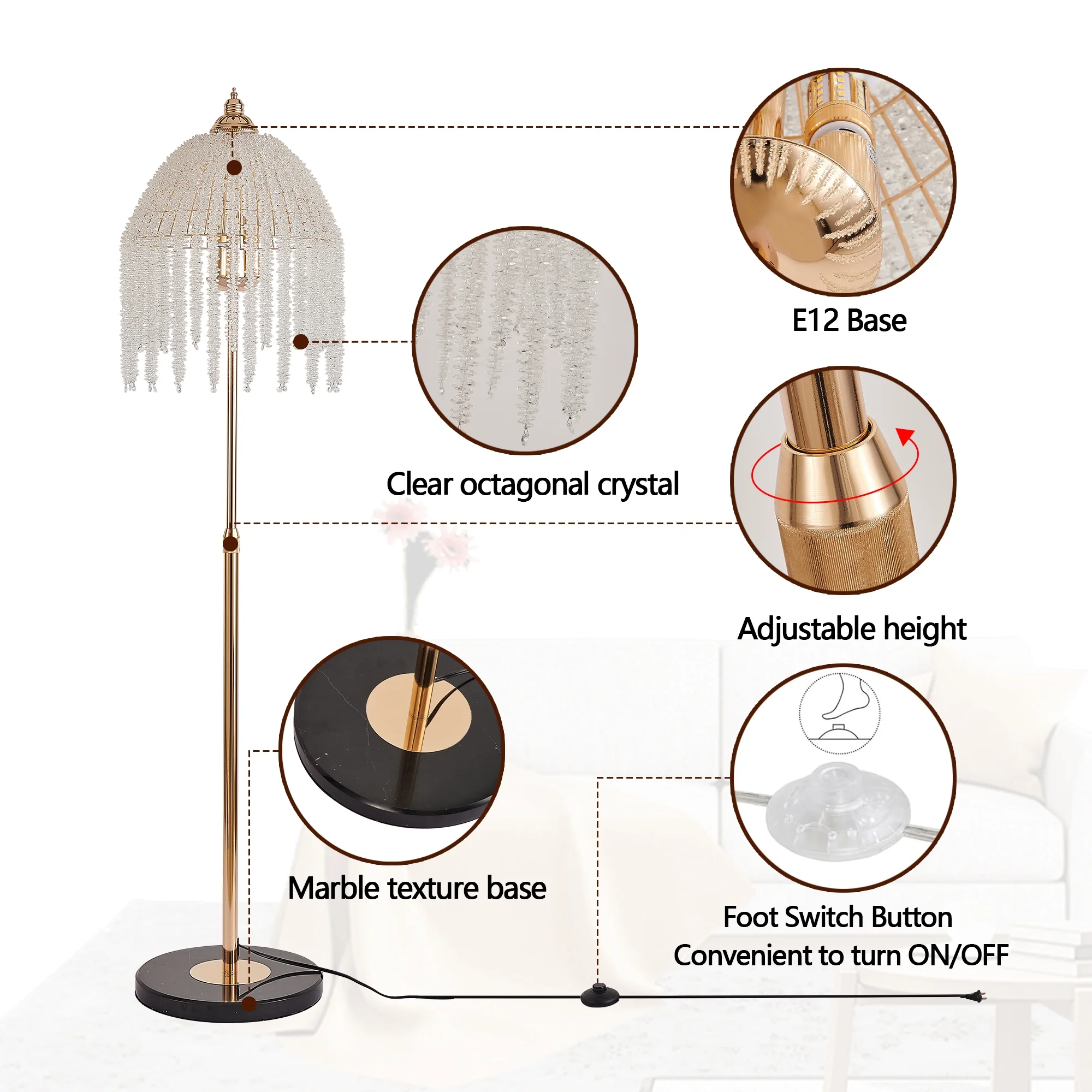 TICOZE 3-Light Vintage Crystal Floor Lamp �C Elegant Waterfall Design with Marble Base for Living Room, Bedroom, or Office (Bulb Not Included)
