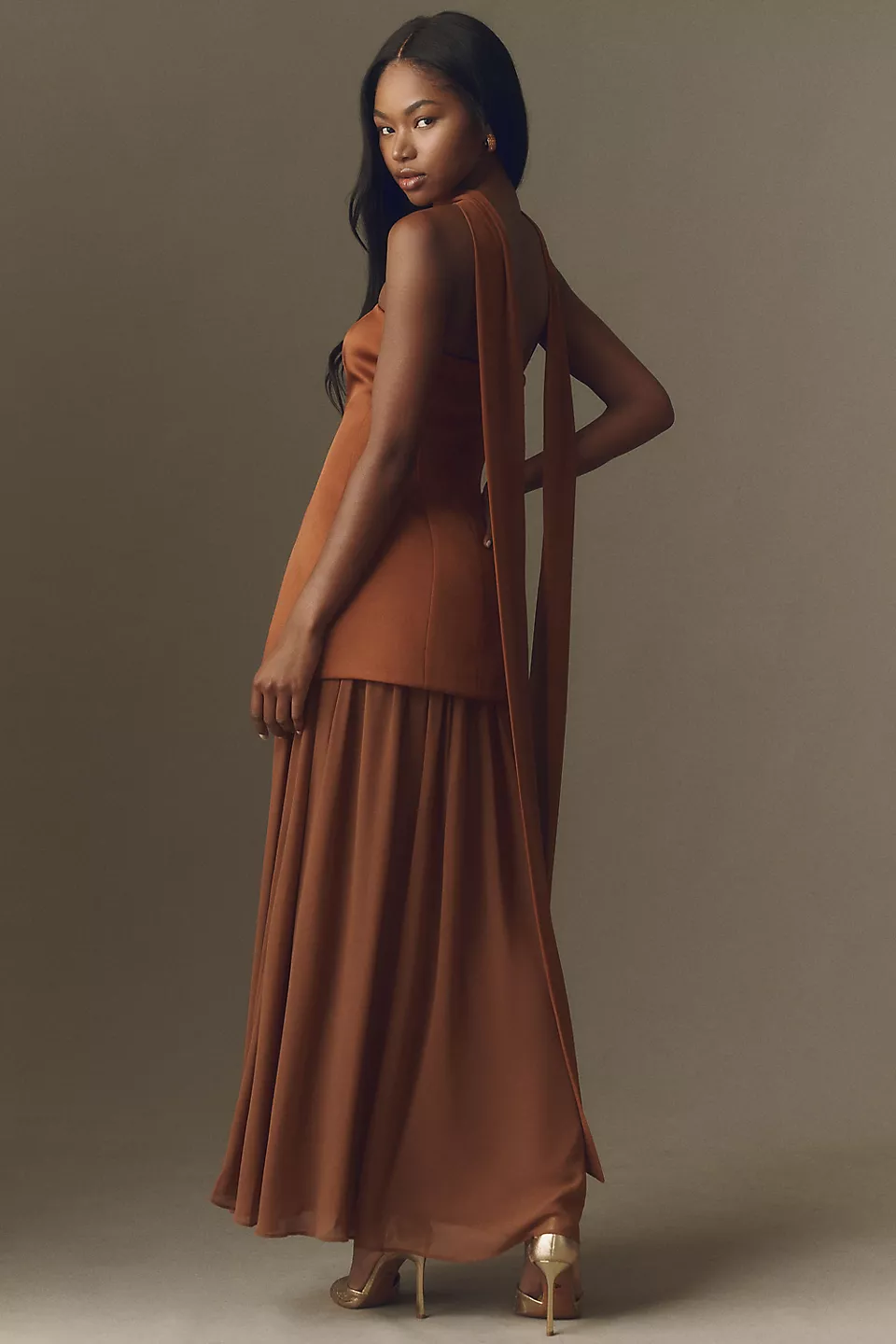Strapless Stretch Satin Chiffon Maxi Dress