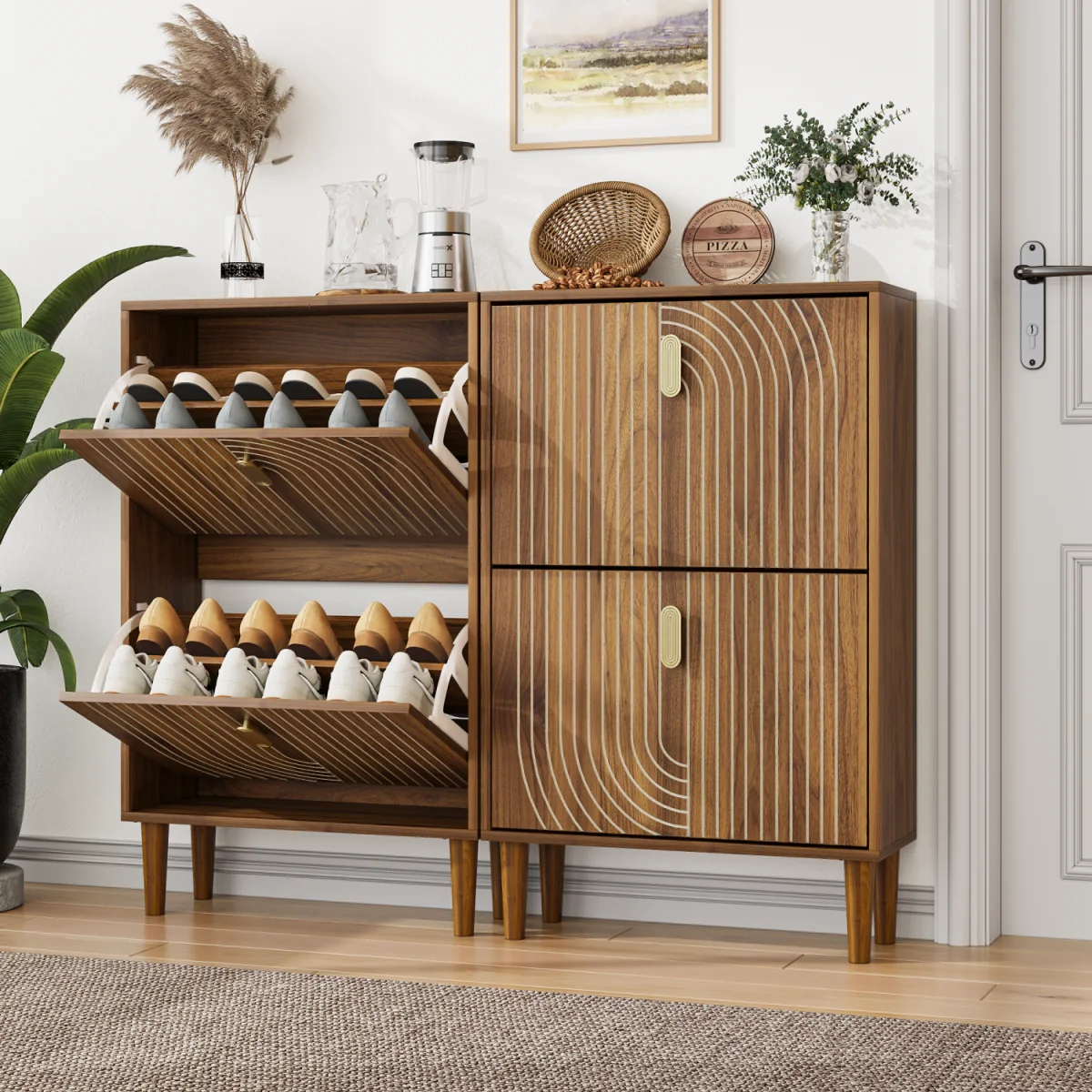 Hommoo 2 Flip Drawers Shoe Storage Cabinet, Freestanding Shoe Cabinet with Metal Handles & line groove design, Shoe Rack Cabinet, Walnut - Image 2