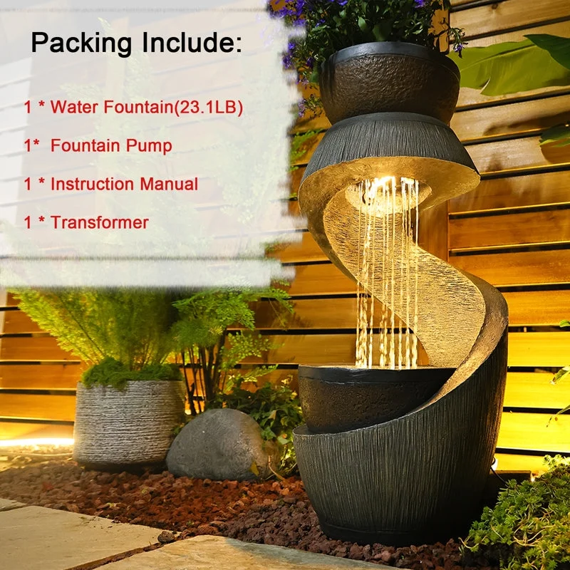 Outdoor Water Fountain Modern Curved Waterfall S-Shaped Freestanding Fountain with Bowl Planter for Patio Deck Garden Yard Home Decor