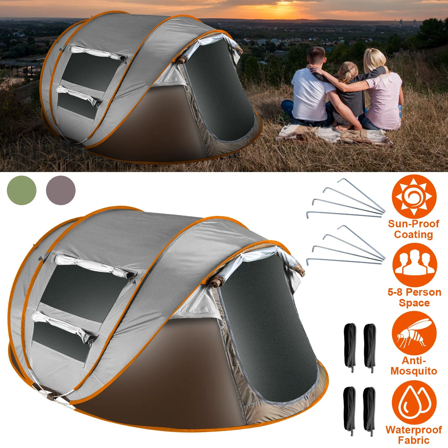 Tcbosik Easy Pop Up Tent for 5-8 Person, Automatic Setup Instant Family Tent with 2 Doors and 4 Mosquito Net Windows, Waterproof Camping Tent with Carry Bag for Hiking & Traveling, Khaki - Image 5