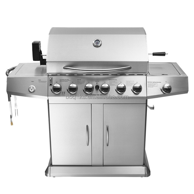 6 Burner Gas Grill Portable Foldable Trolley Stainless Steel Construction Modern Premium Design Electronic Ignition Adjustable