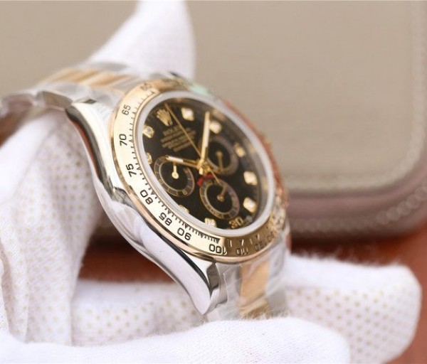 Replica Rolex Daytona 116523 Thick YG Wrapped Black Dial Diamonds Markers SS/YG Bracelet A7750 - Top club