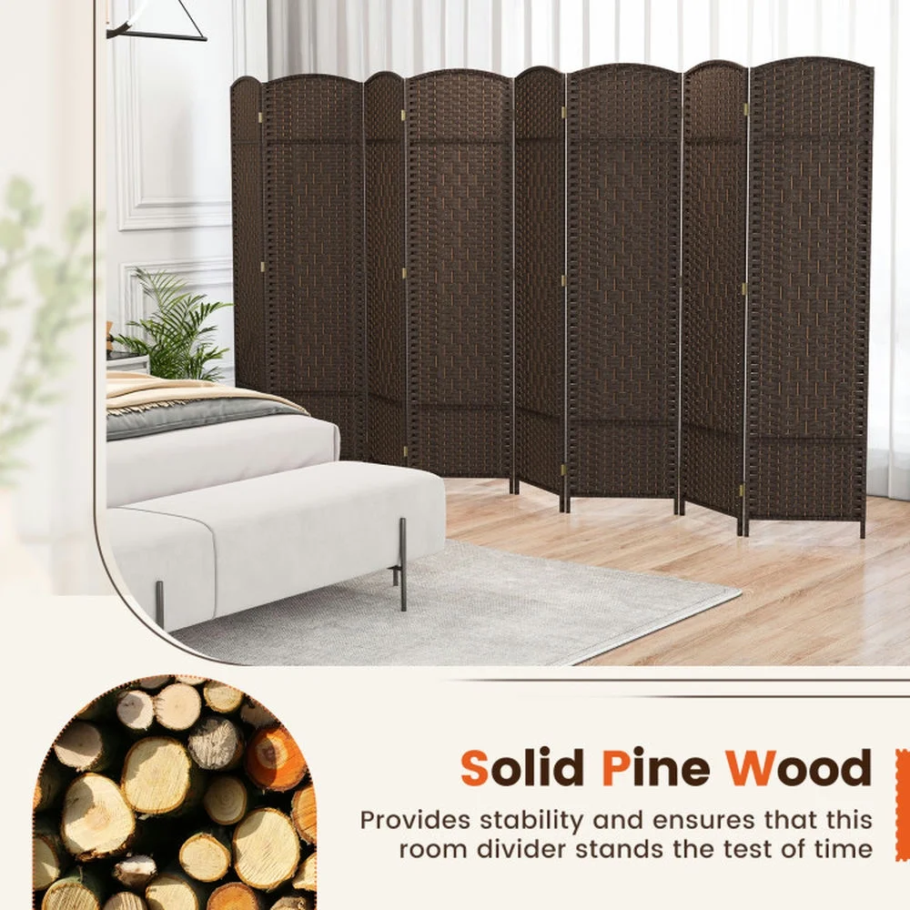 Spaco 8-Panel 8 Feet Tall Room Divider, Folding Room Divider with Hand-Woven Texture, Privacy Screen with Solid Wood Frame for Indoor, Brown - Image 6