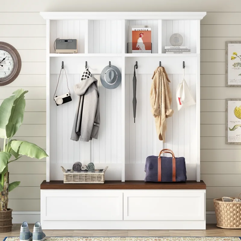 [Assembly Video] Farmhouse 4-in-1 Hall Tree with Wood Grain Bench, Mudroom Versatile Coat Rack with 2 Large Drawer, Entrance Organizer for Hallway, Living Room, White, 55.9