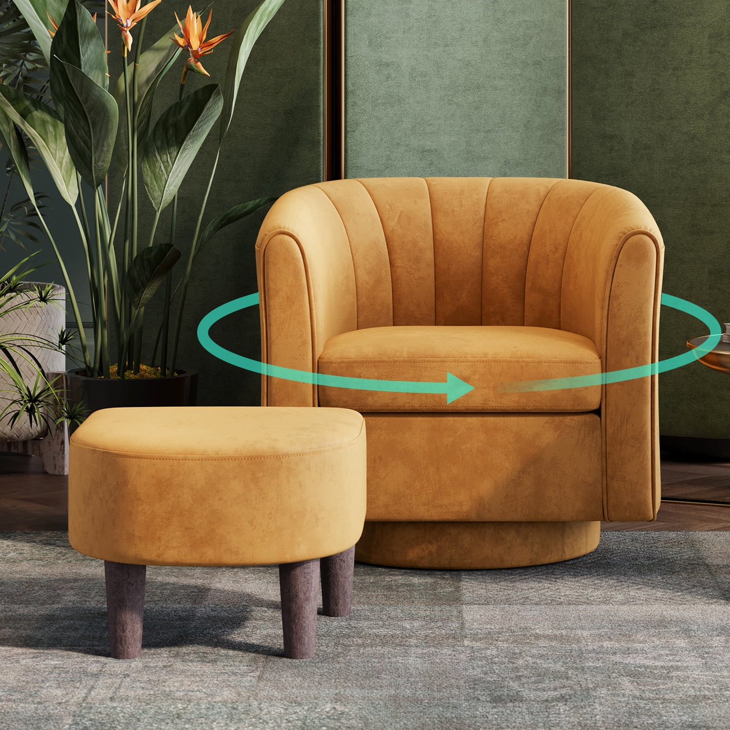 LINSY HOME Swivel Accent Chair with Ottoman, Velvet Barrel Chair for Living Room, Blue - Image 11