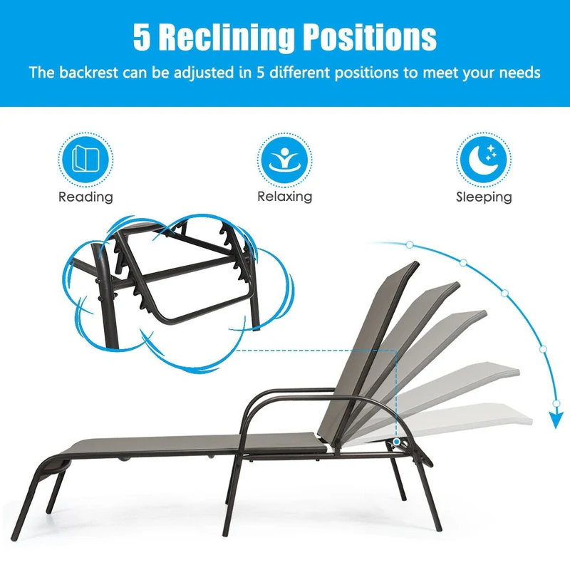 Eletriclife 2 Pcs Outdoor Patio Adjustable Lounge Chair Chaise