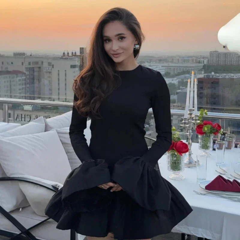 Knitted Mini Dress Female Long Sleeves Gown Flare Sleeves Spliced Autumn Winter Dress A-Line Sweet Bodycon Women Clothes - AZJHJ