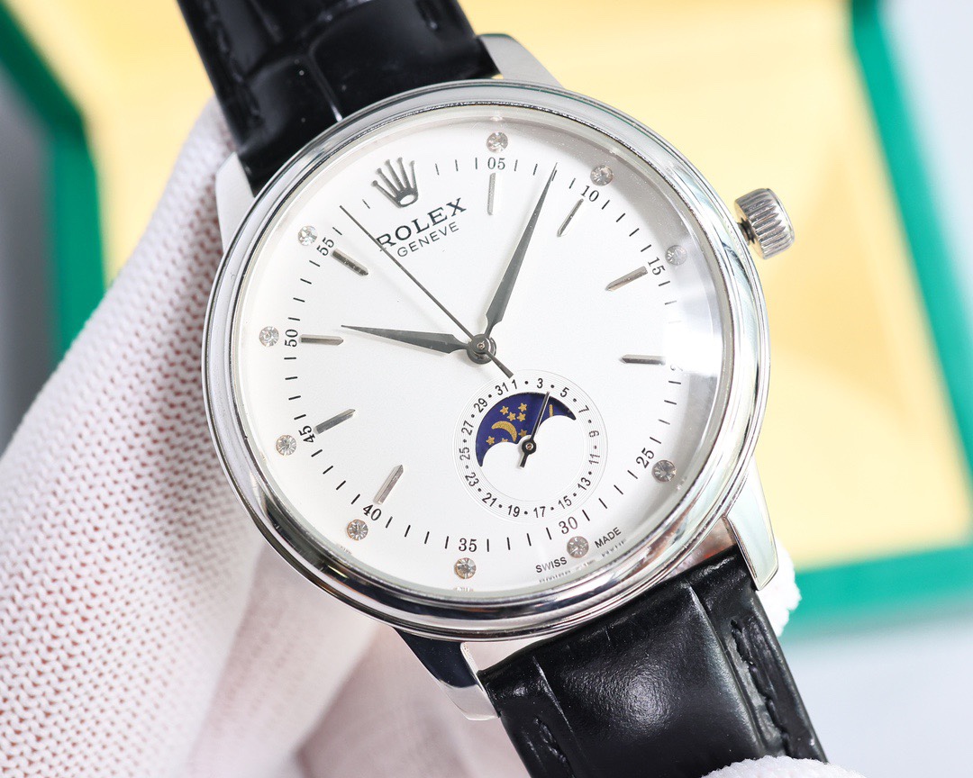 Rolex👑 Cellini Moonphase-40mm-Leather-White(1:1 replica) - Elite Watch Atelier