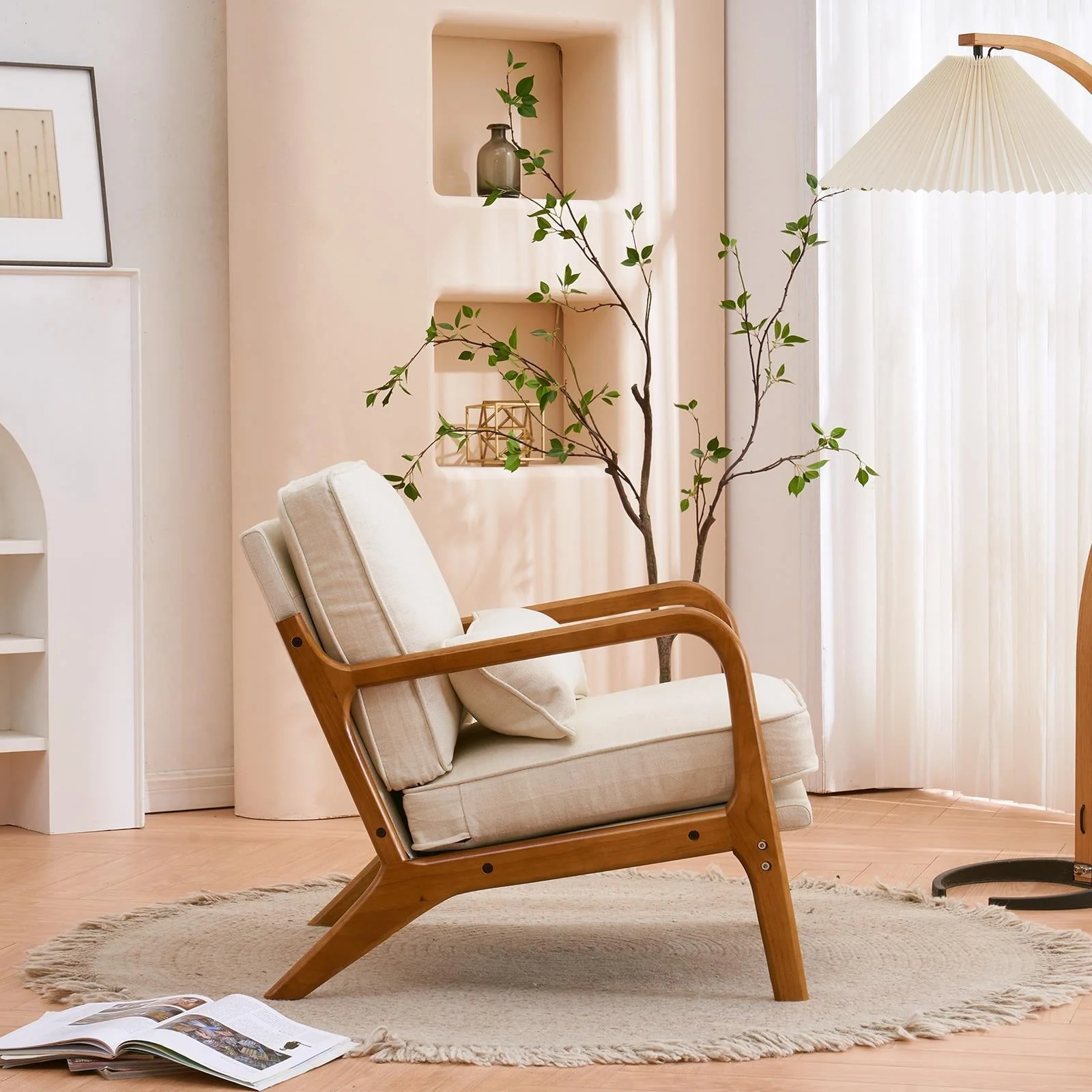 UBesGoo Modern Arm Chair Linen Fabric Upholstered Comfy Reading Accent Chair with Solid Wood Frame Beige - Image 11