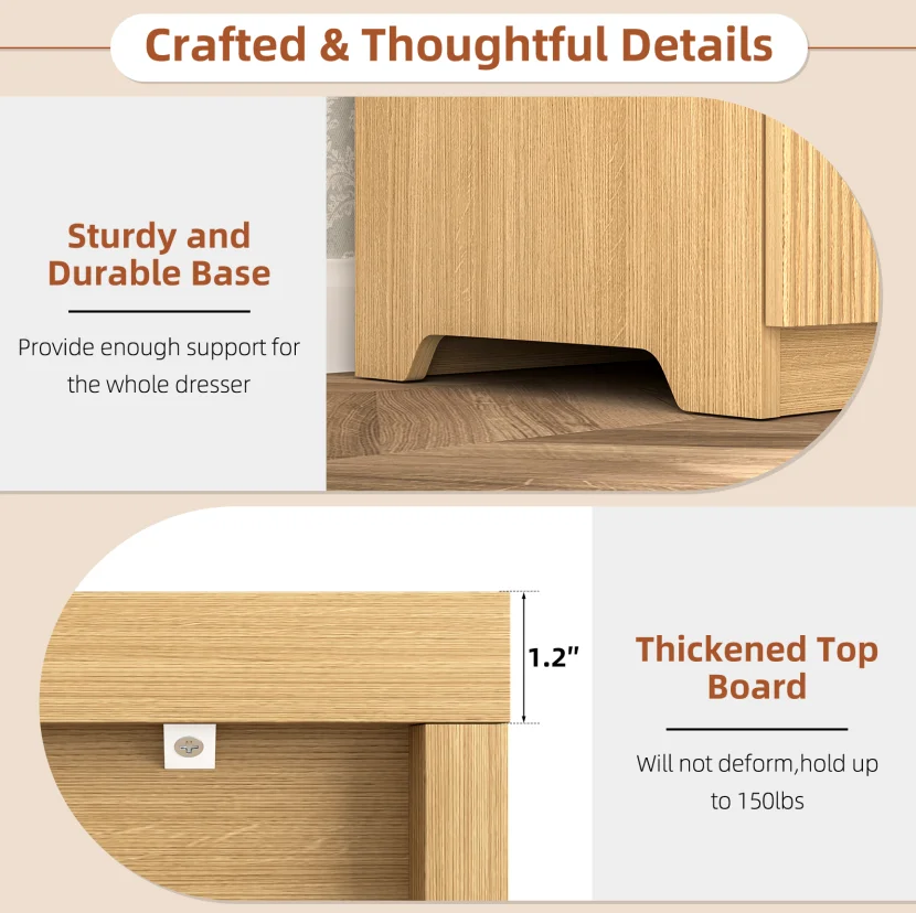 Fluted 6 Drawers Dresser, Wide Modern Chest of Drawers, Curved Profile Design, Dresser TV Stand, Wood Drawer Organizer for Bedroom, Living Room, Hallway - Image 10