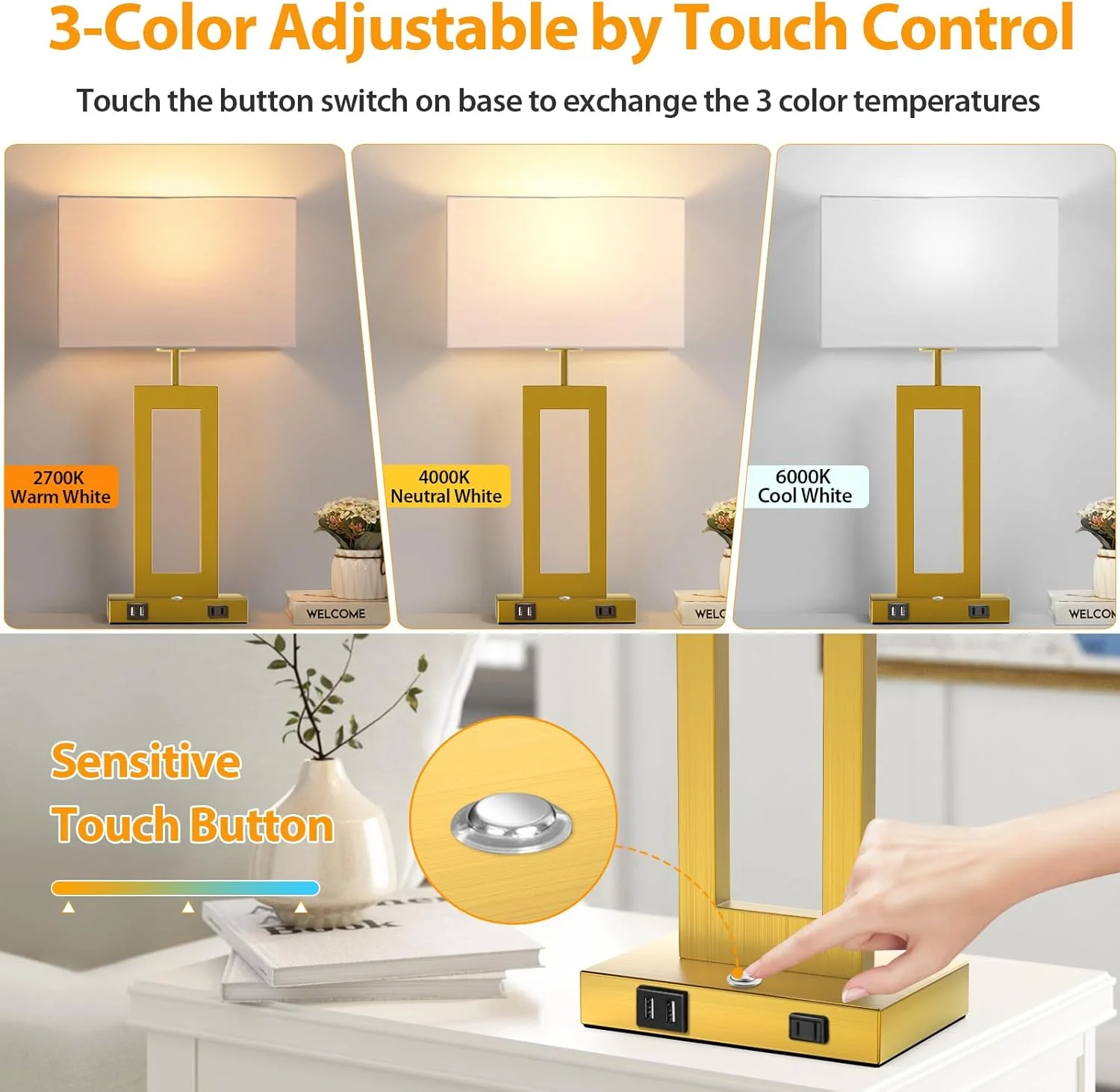 22���� Touch Control Table Lamps Set of 2, 3 Color Temperatures Bedroom Bedside Lamps, Modern Gold Dimmable Lamps with USB Ports & AC Outlet, Tall Living Room Lamps for Nightstand End Table, 2 Bulbs