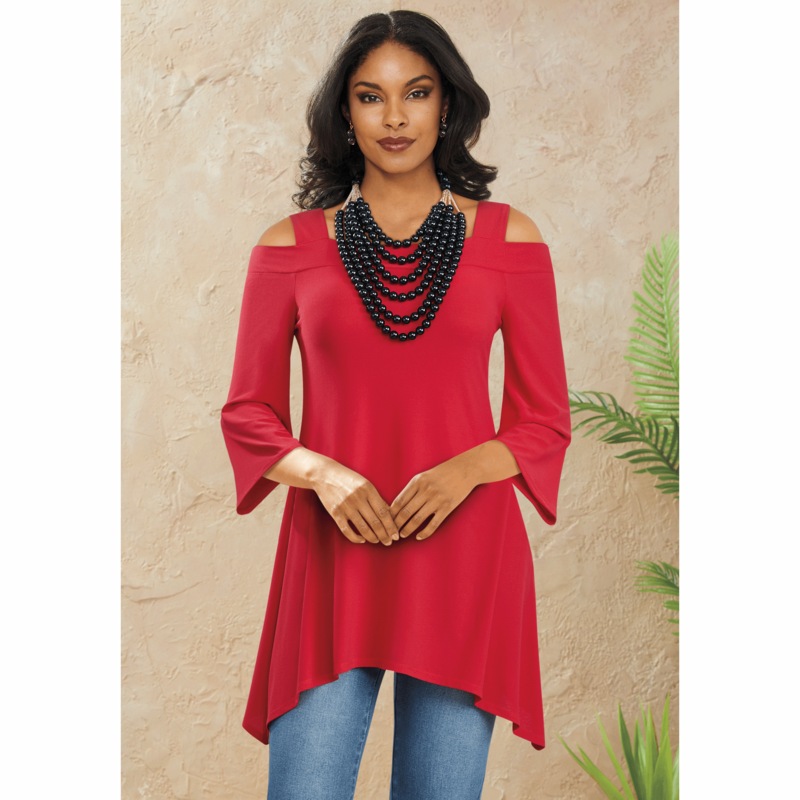 Cara Cold-Shoulder Tunic with Flared Sharkbite Hem - MIDNIGHT VELVET CATALOG