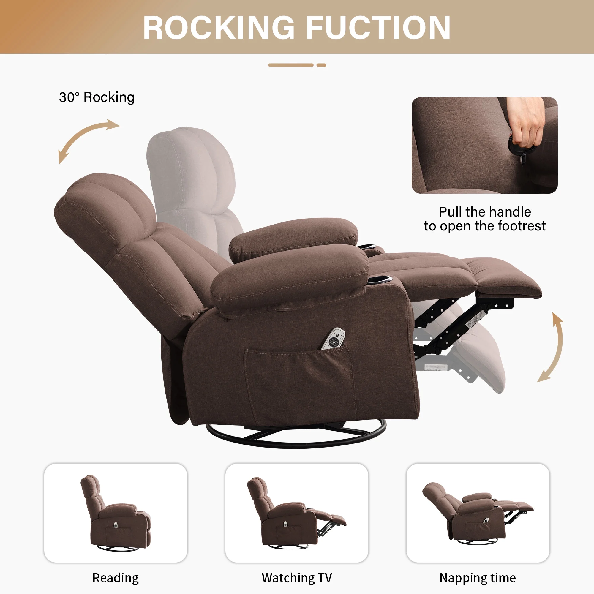 JONPONY Manual Recliner Chair with Heat Therapy and Massage Function, Heavy Duty Reclining Mechanism Massage Chair, Elderly Single Rocker Sofa with Cup Holders for Bedroom Home Theater,Grey - Image 85