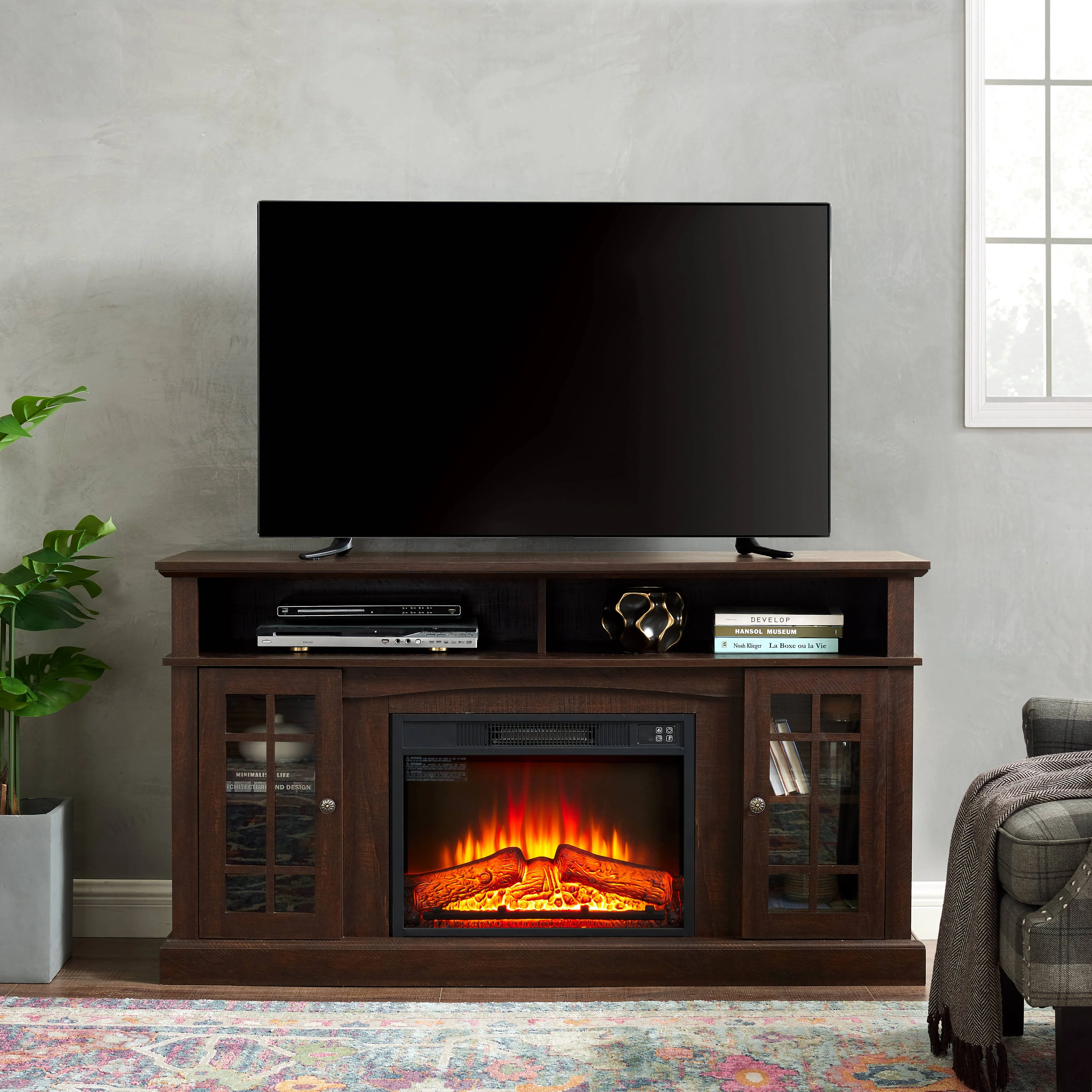 SYNGAR TV Stand with Fireplace, Modern TV Cabinet for TVs up to 65 inch, Electric Fireplace TV Stand with Storage, Entertainment Center Console Table, for Living Room Bedroom, Espresso, D3184