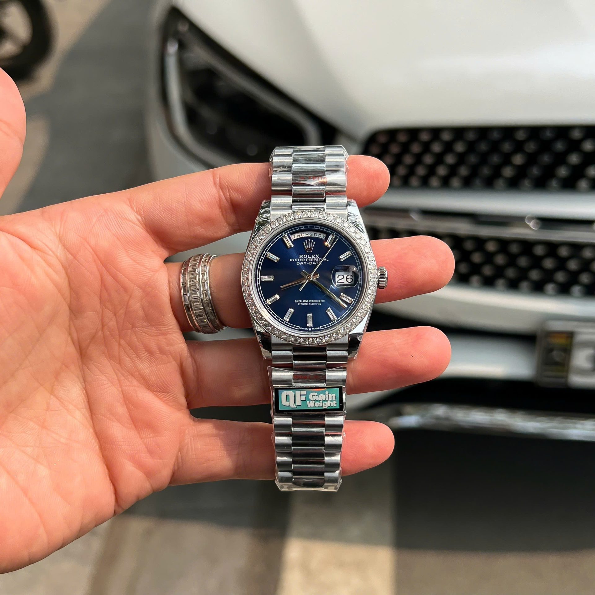Rolex Day-Date Blue Dial Replica 11 Watch Bezel Diamonds Moissanite QF Factory 36mm - Elite Watch Atelier