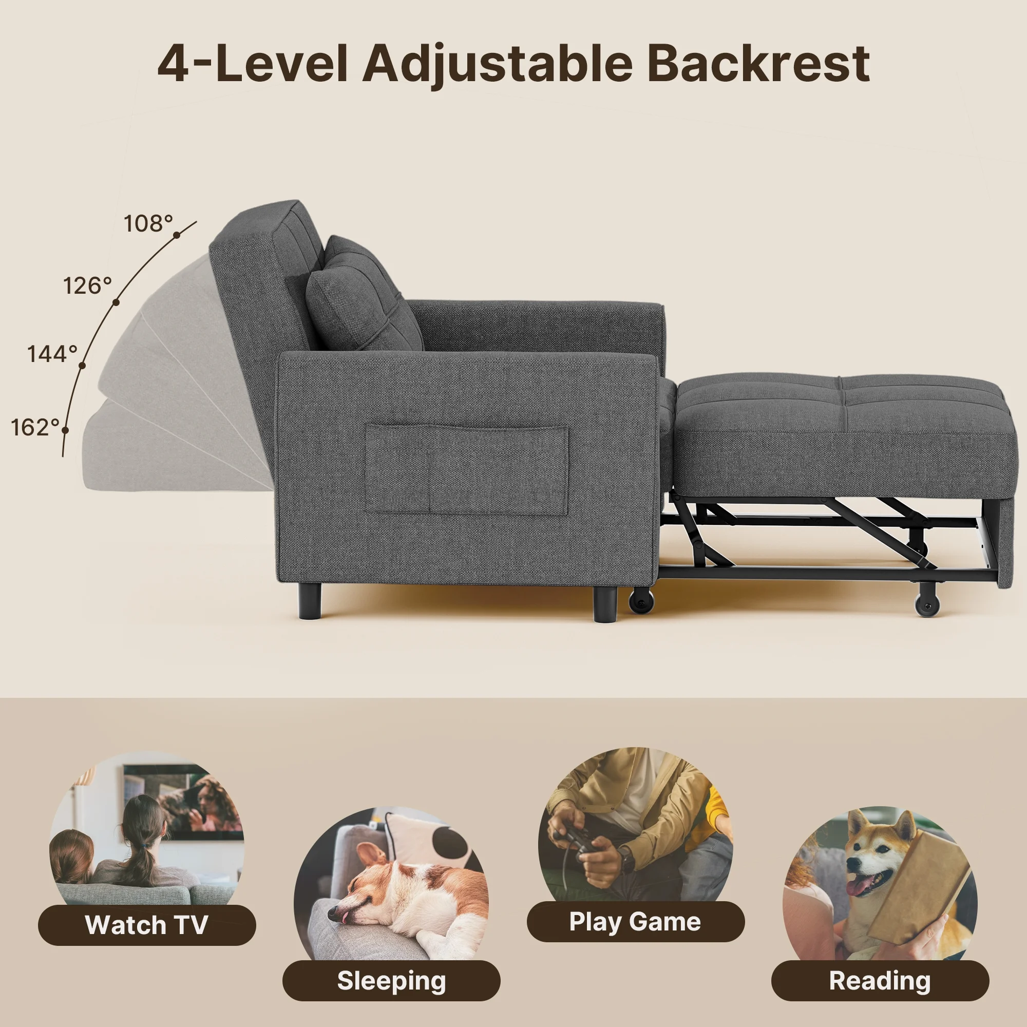 3 in 1 Convertible Sofa Bed Chair for Living Room , Aiho Sleeper Sofa Bed for Living Room, Dark Gray - Image 4