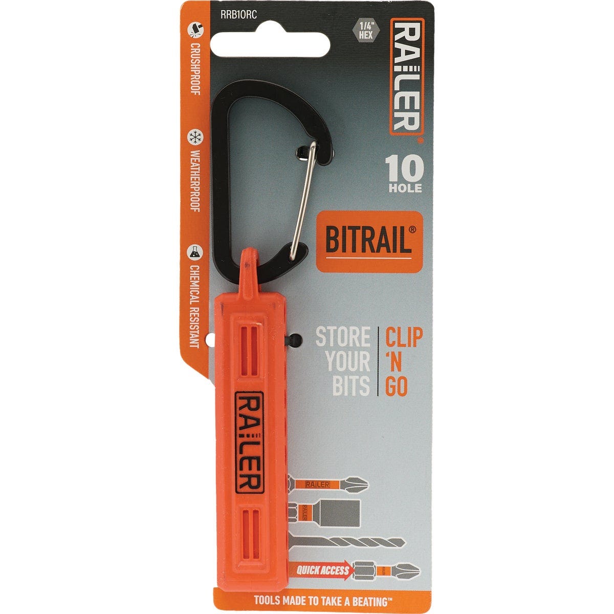 Railer 10-Hole Bitrail Orange Bit Holder Storage Organizer with Carabiner