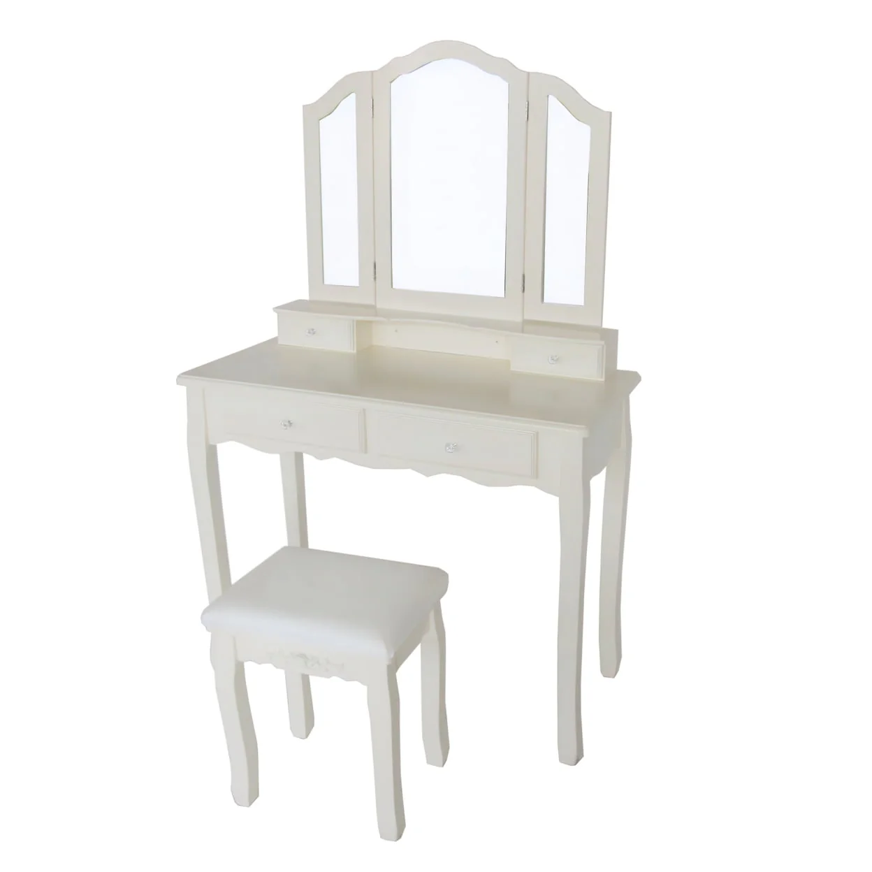 35 Inch 3 Piece Vanity Desk Set with Cushioned Stool and Elegant Trifold Mirror, 4 Drawers, Off White Solid Wood-Saltoro