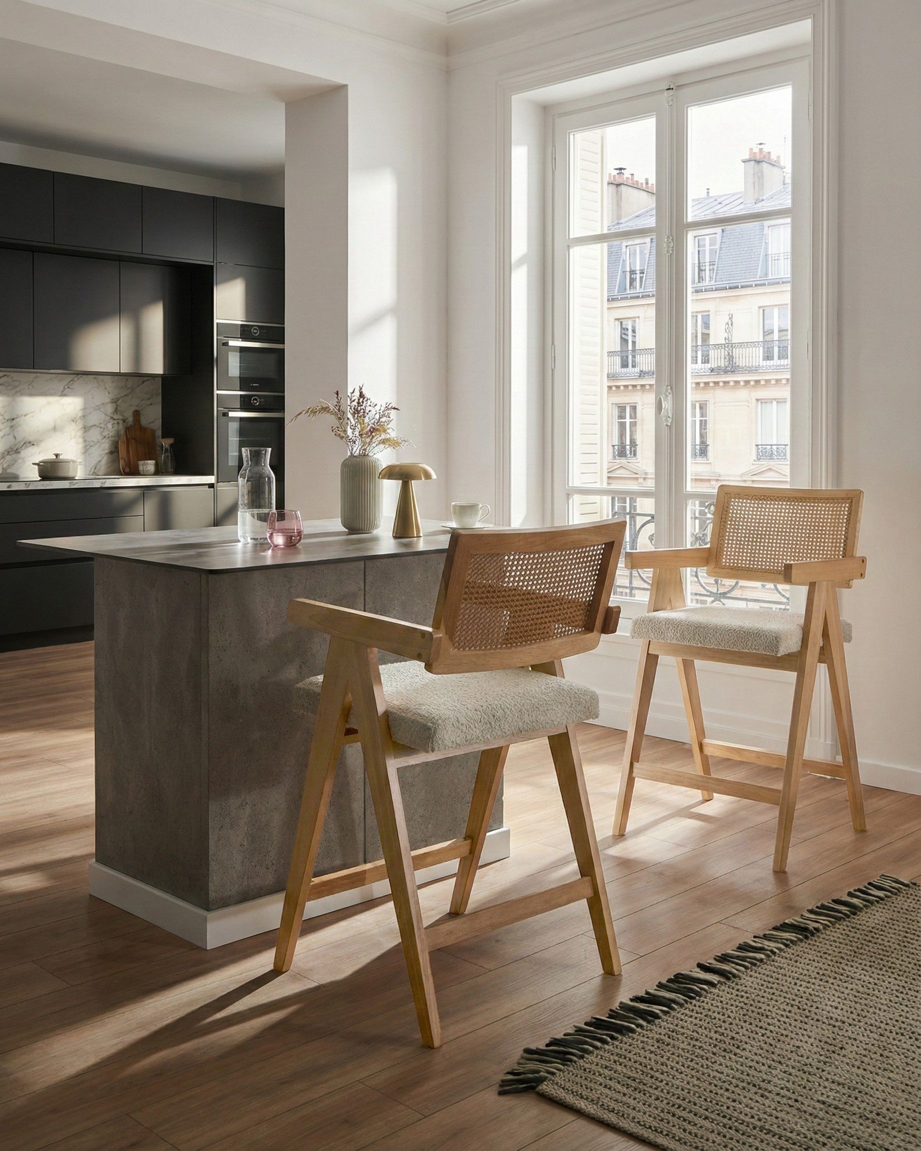 Set of 2 Bar Chairs AVA Wood Light Brown/ Beige