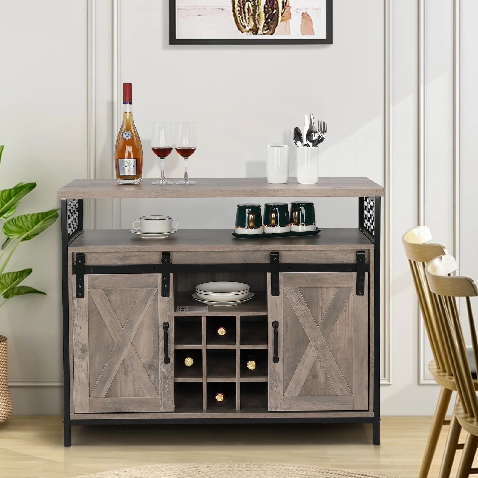 Ktaxon 40 Inch Wood Buffet Sideboard with Wine Rack,Sliding Barn Door Cabinet Storage with Wine Display for Kitchen Dining Room, Living Room,Grey Oak