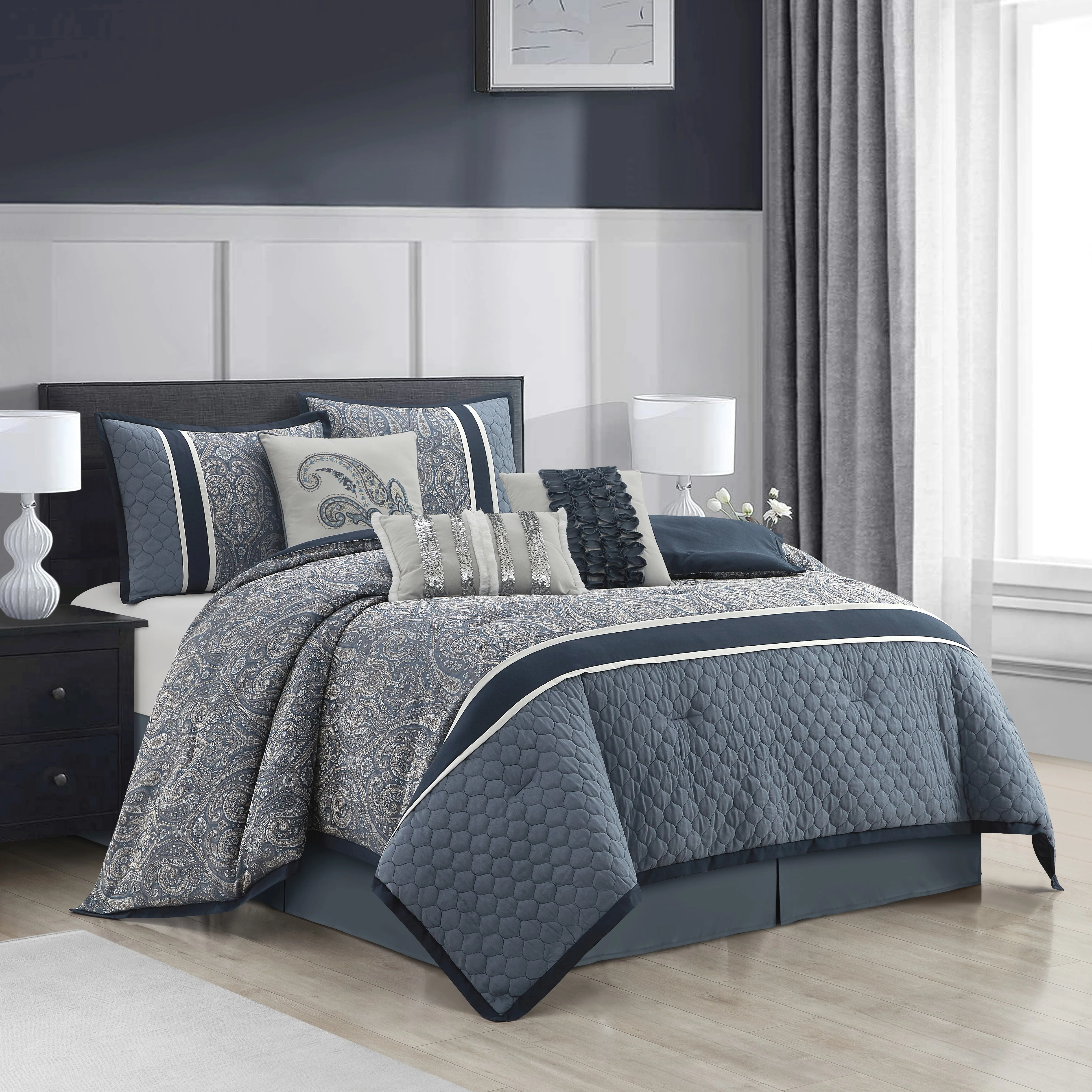 Lanco Smoke Grey Comforter Set California King Size, 9 Piece Jacquard Floral Bedding Set, All Season, Ultra-Soft, Matching Pillows & Shams, Bed Skirt - Image 48