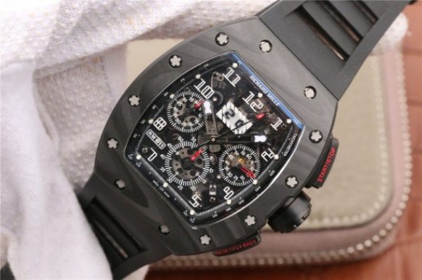 Replica Richard Mille RM011 NTPT Carbon Case Chronograph KVF Crystal Skeleton Dial White Black Rubber Strap A7750 - Elite Watch Atelier