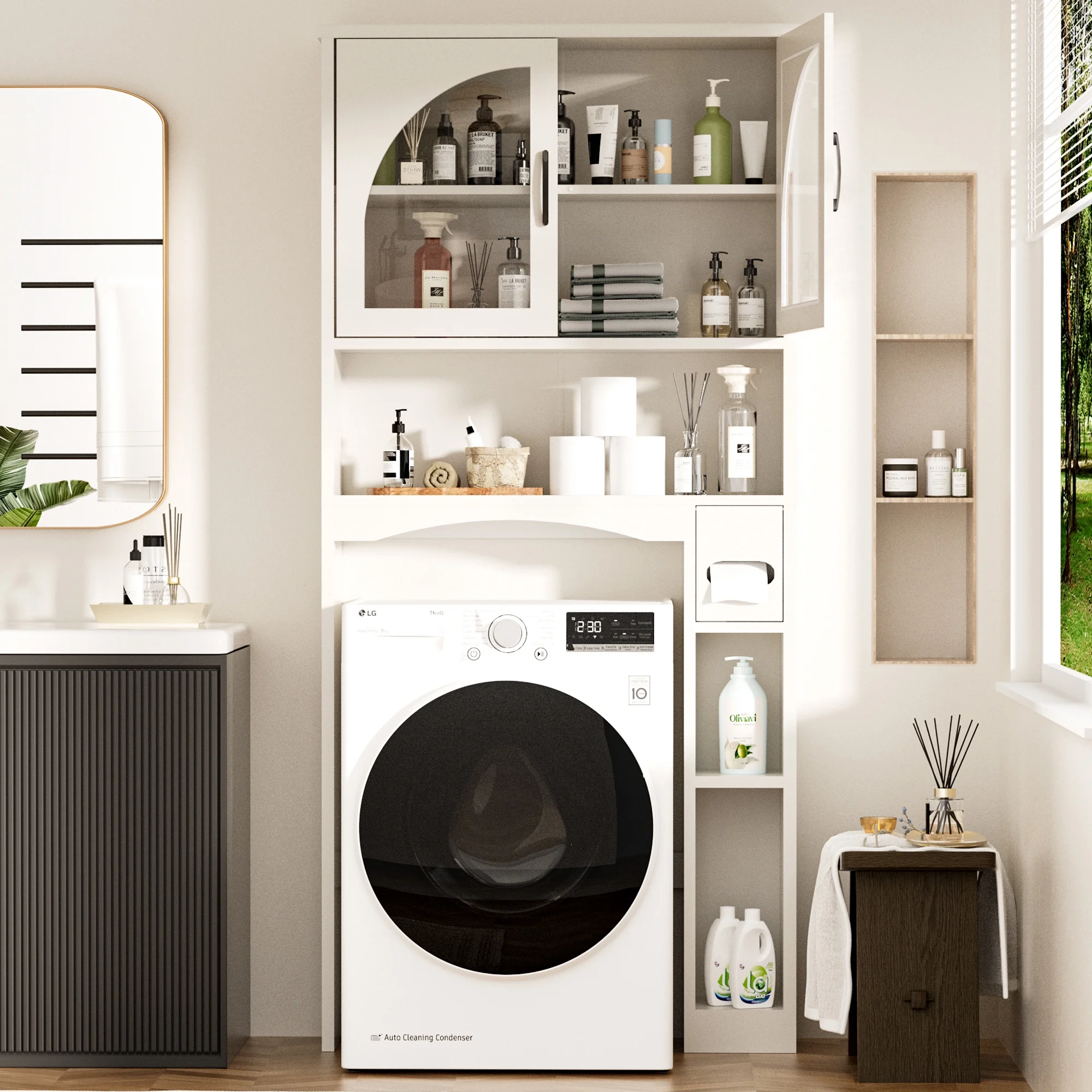 HARIPUL Over The Toilet Storage Cabinet w/ Unique Wood Grain & Arc Design, Freestanding Bathroom Shelf Organizer Space Saver w/ Doors & Anti-Tip Device, Wood Color - Image 30