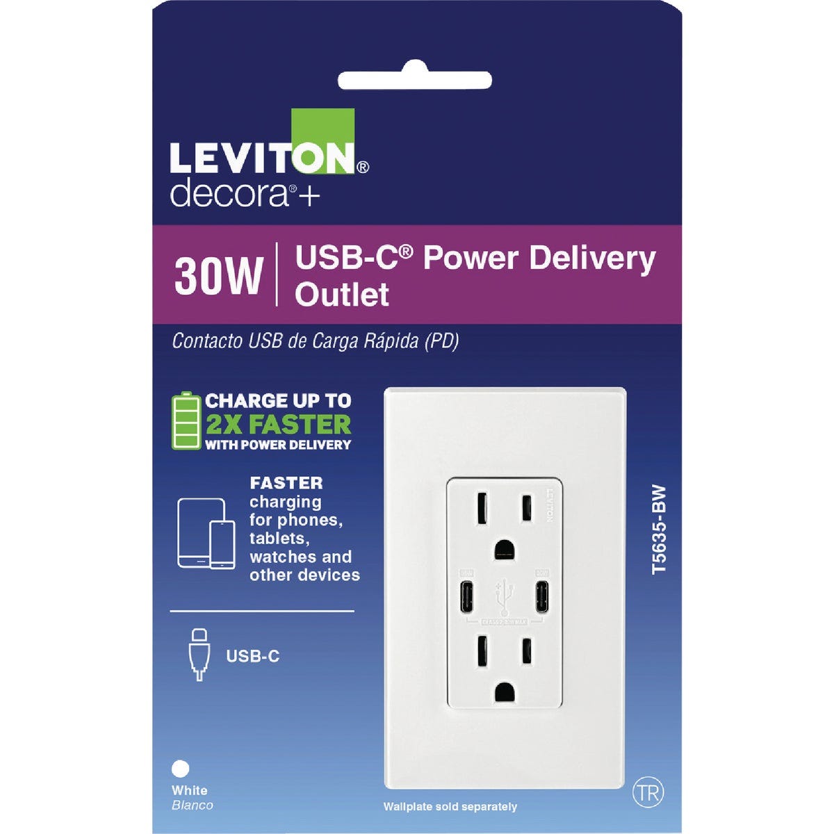 Leviton Decora 15A 125 Volt Tamper-Resistant 6A Type C/C Power Delivery USB In-Wall Charger Duplex Outlet