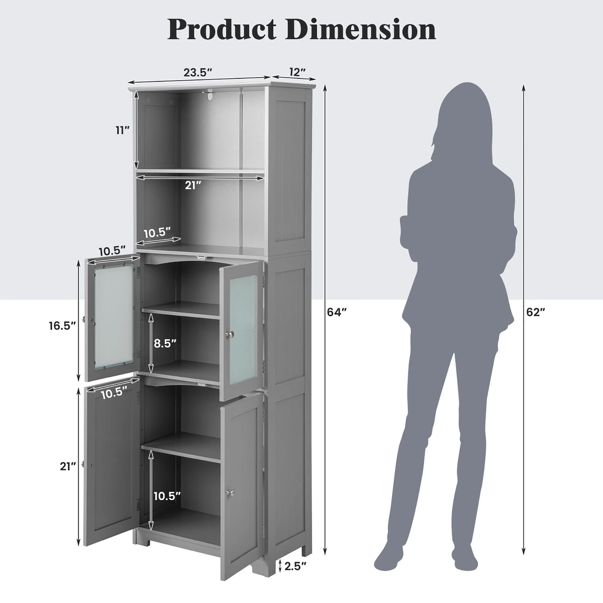 Gymax Bathroom Tall Storage Cabinet Linen Tower w/ Glass Door & Adjustable Shelf Grey
