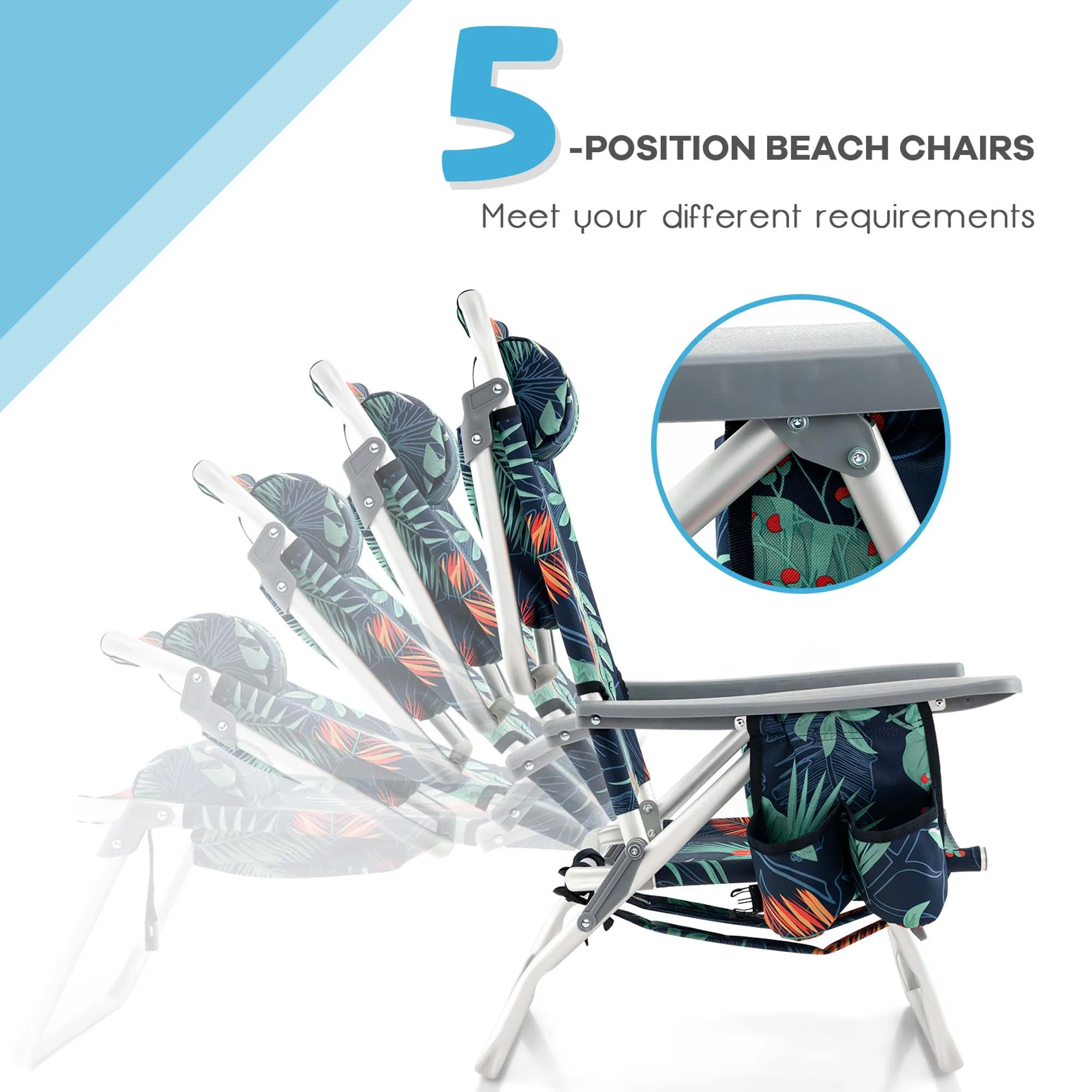 Costway 2-Pack Folding Backpack Beach Chair Table Set 5-Position Outdoor Reclining Chair Pink - Image 43