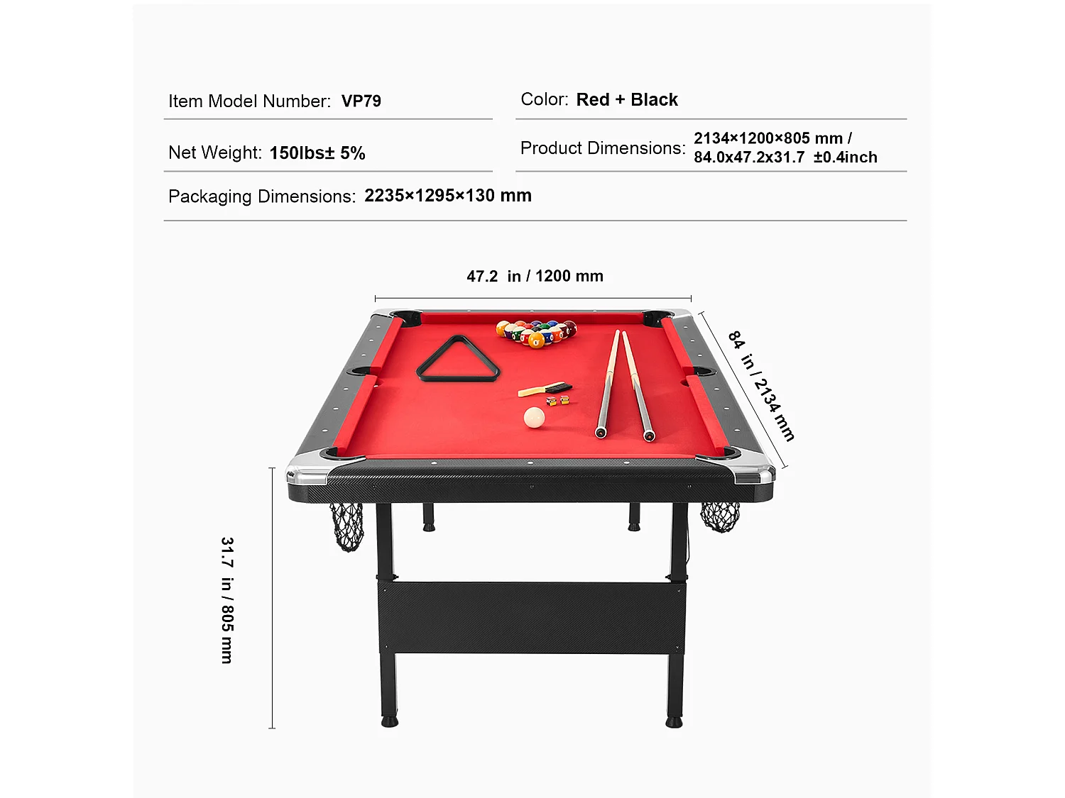 Table Transformable, SucceBuy Table de Billard de 213 cm, Table de Billard Portable avec Tissu Rouge pour Salle de Jeux