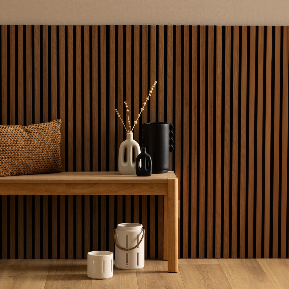 Decorative wood slat panel "Colva" Walnut effect, black background, 120x60 cm