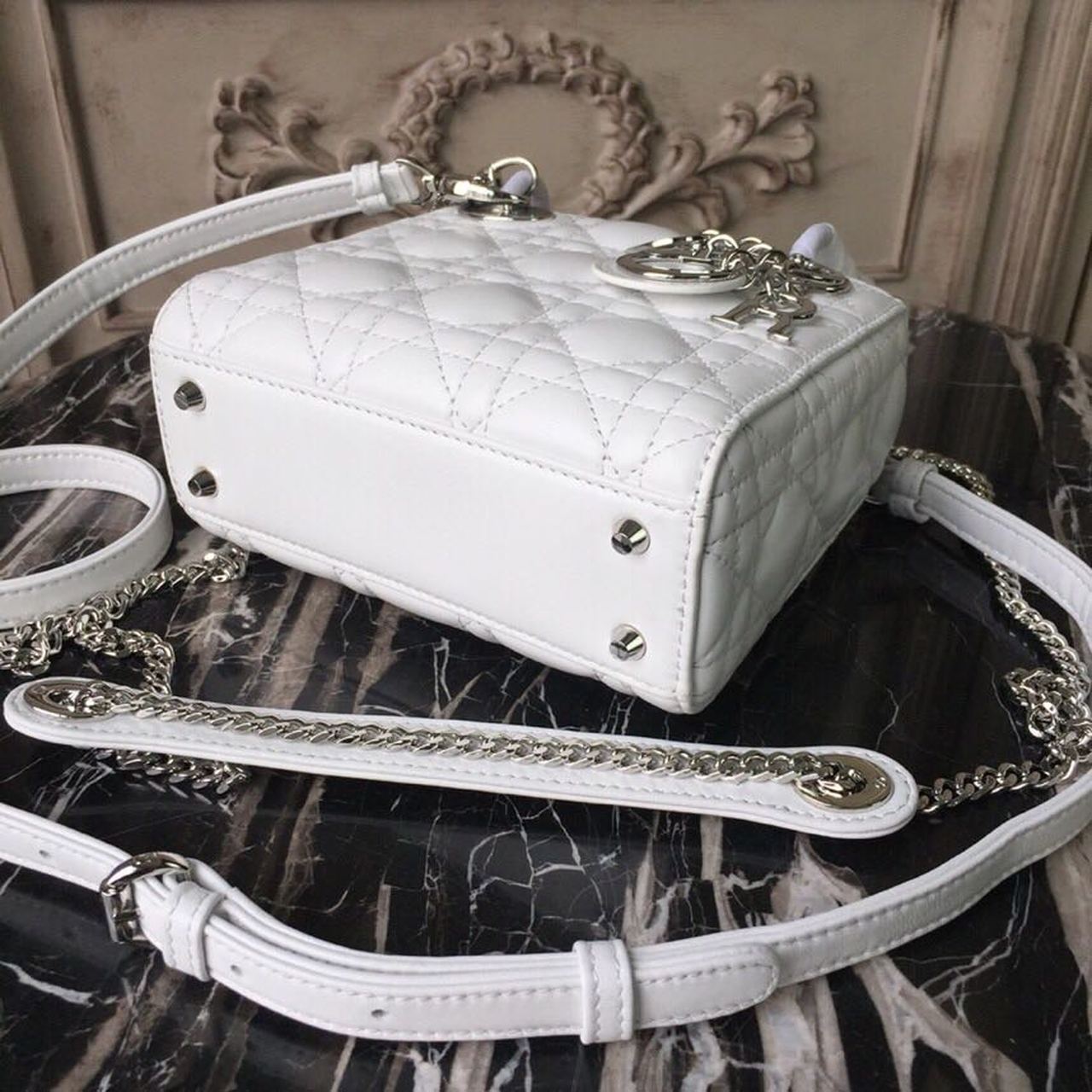 Christian Dior Mini Lady Dior Bag White Chain Silver Hardware For Women 17cm/6.5in CD1:1High-quality replica