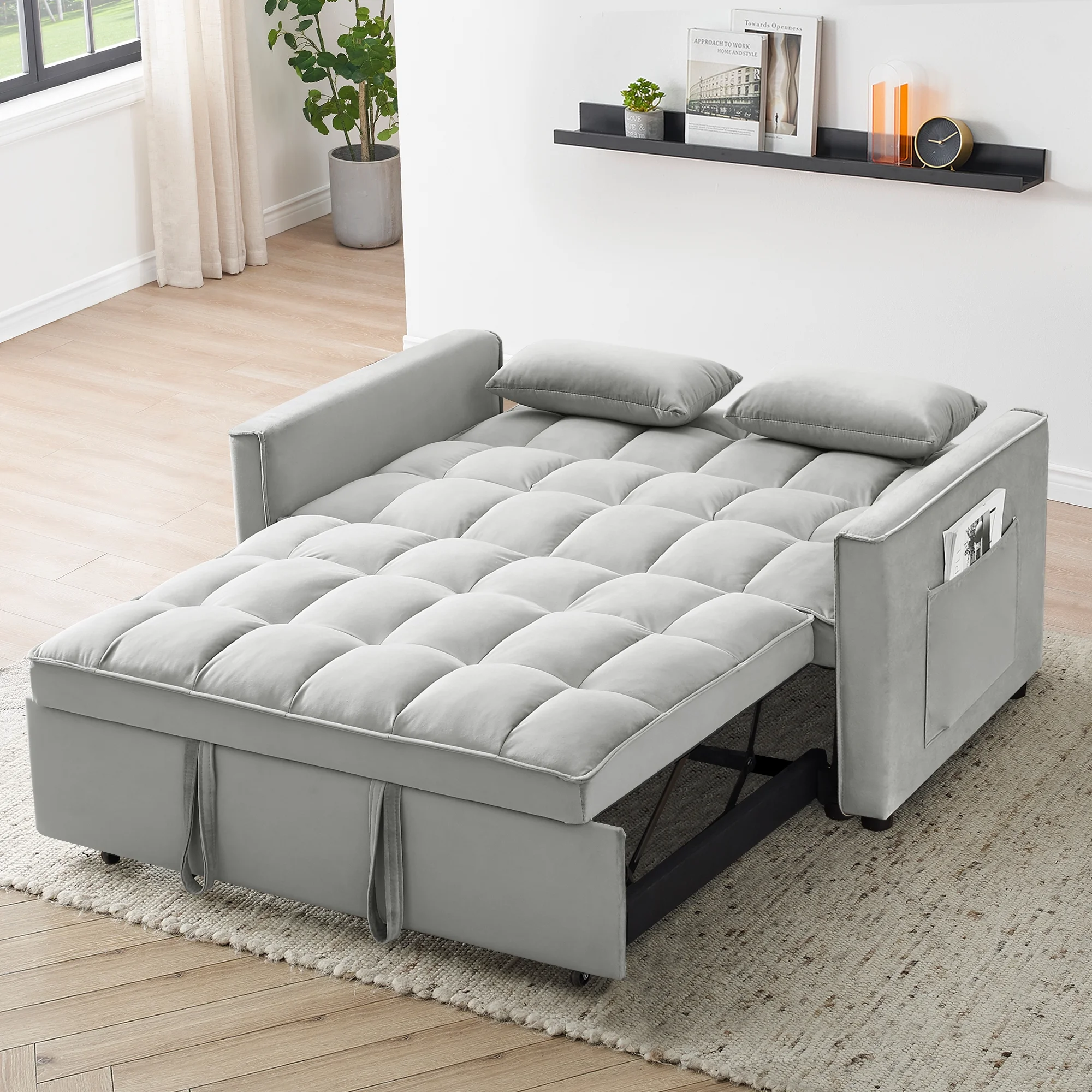 Convertible Sofa Bed,3-in-1 Sleeper Sofa with Pull Out Bed,Velvet Highly Elastic Sponge Futon Couch Loveseat with Adjustable Backrest and 2 Pillows for Living Room,Gray - Image 15